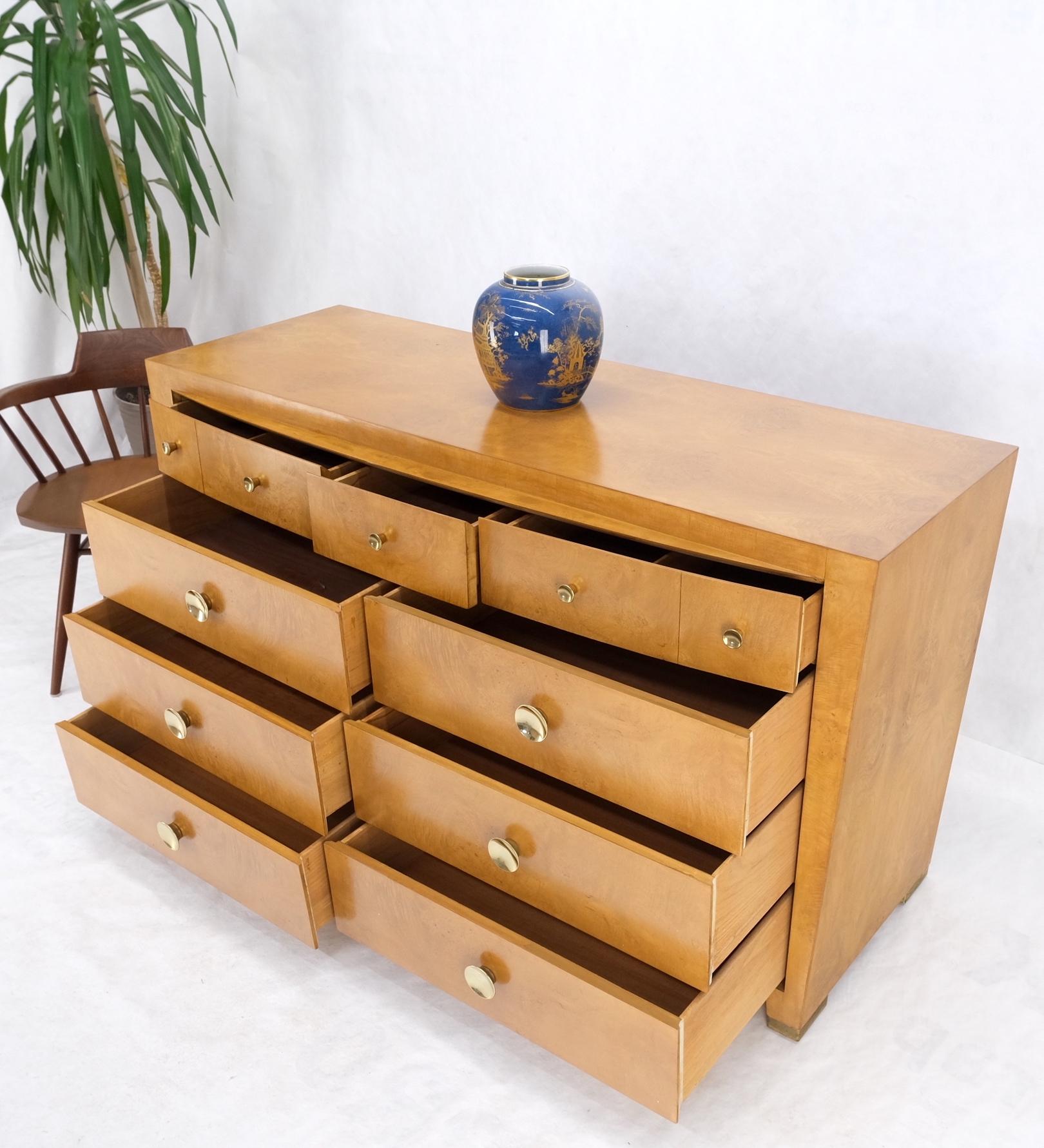 American 9 Drawers Art Deco Mid-Century Modern Burl Wood Bow Front Dresser Brass Pulls  For Sale