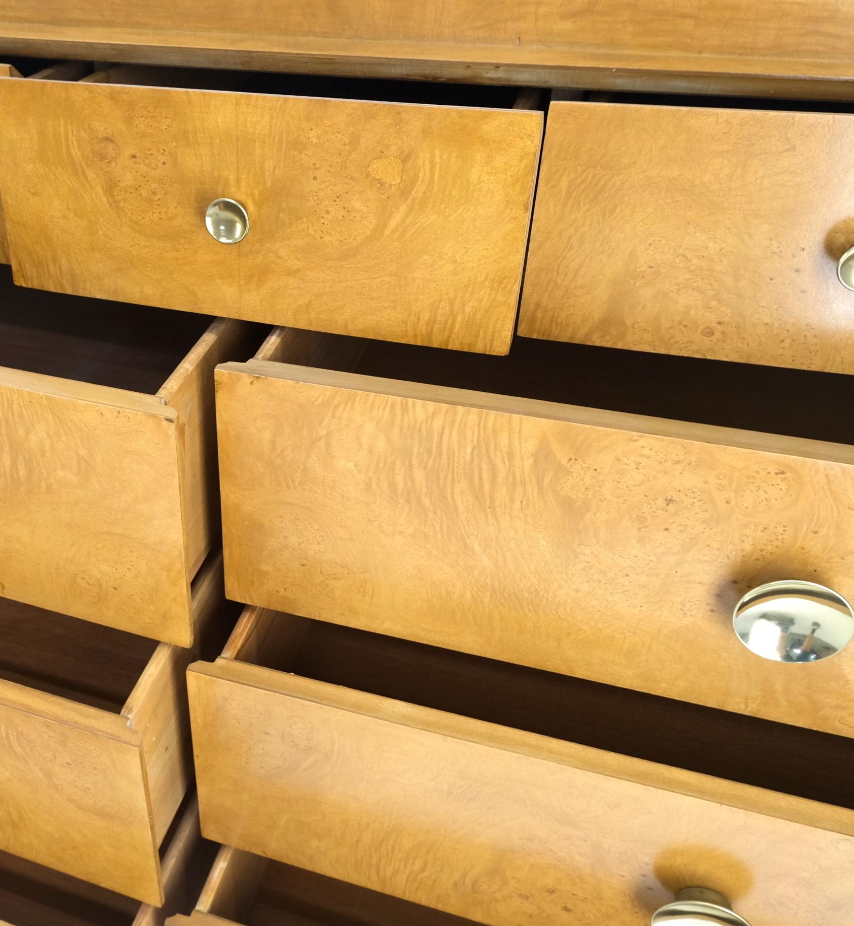 American 9 Drawers Art Deco Mid-Century Modern Burl Wood Bow Front Dresser Brass Pulls For Sale