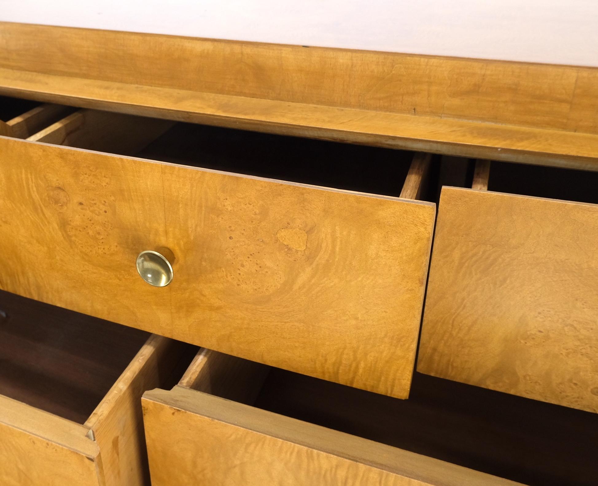 20th Century 9 Drawers Art Deco Mid-Century Modern Burl Wood Bow Front Dresser Brass Pulls For Sale