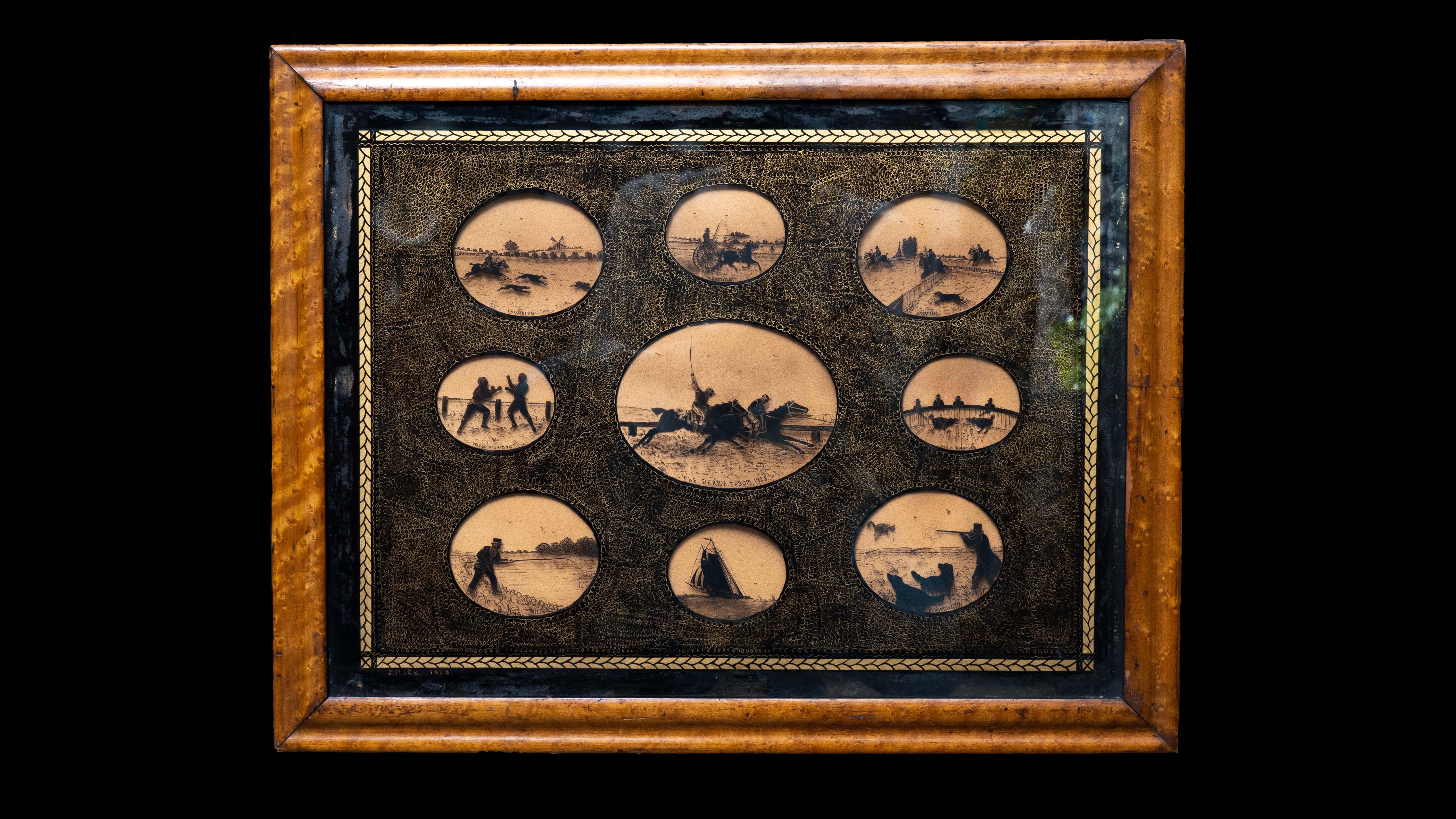 9 Eglouise medallion silhouettes of sporting Scenes dated 1828 and signed J. Mack

Measures: 22.5