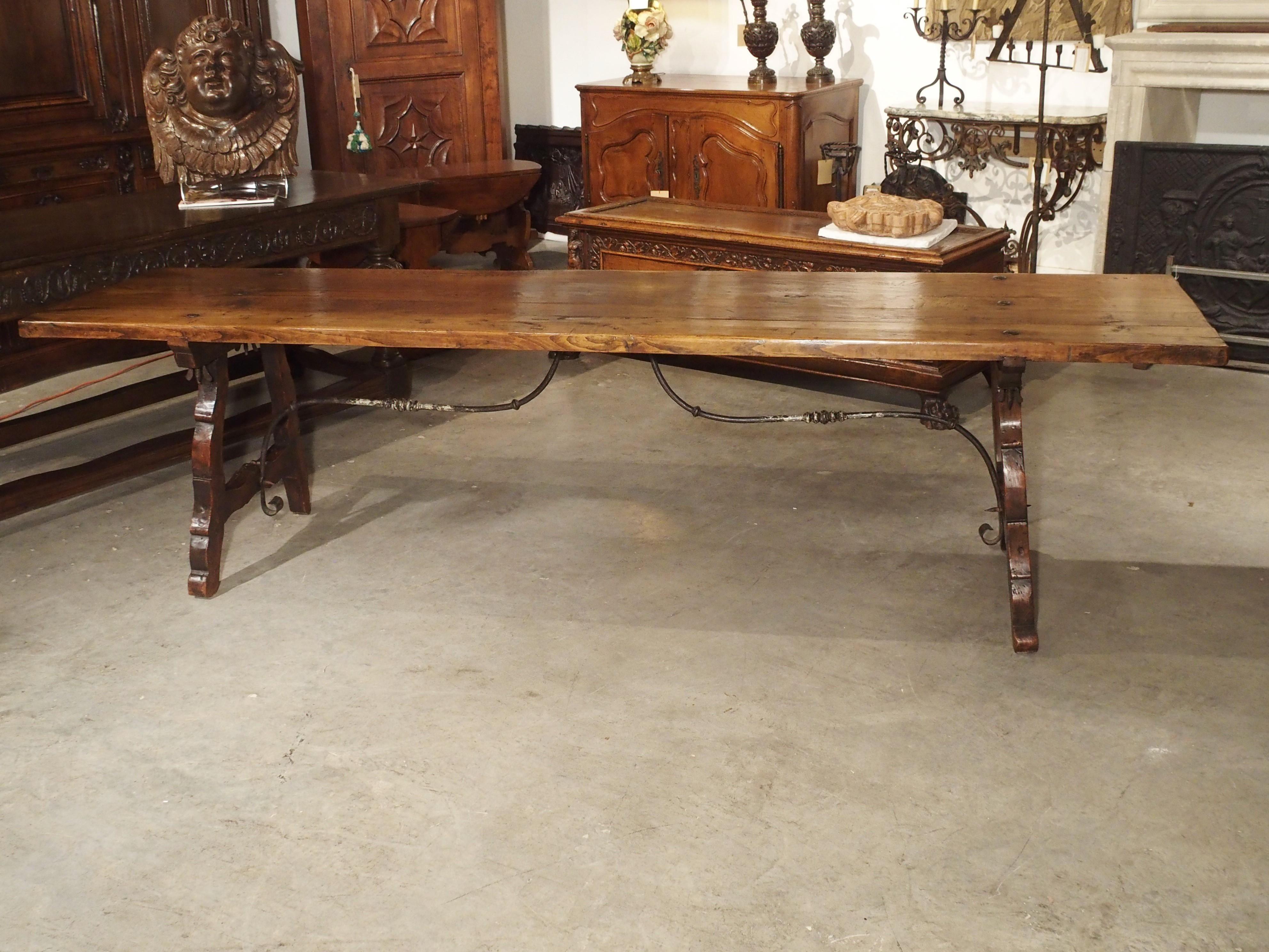 Spanish 9-Foot Long Antique Oak and Wrought Iron Table from Spain, Early 1800s