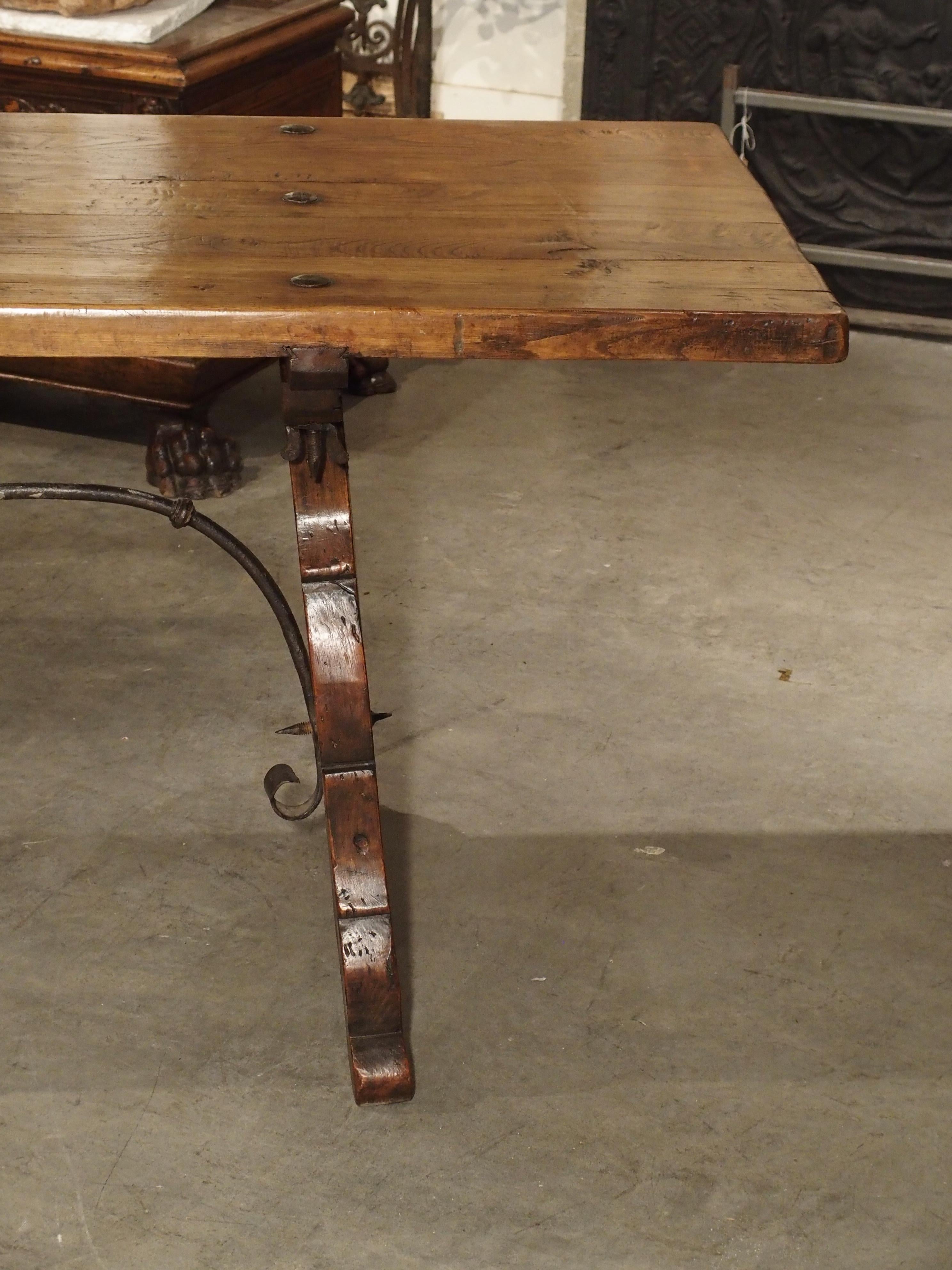 Hand-Carved 9-Foot Long Antique Oak and Wrought Iron Table from Spain, Early 1800s