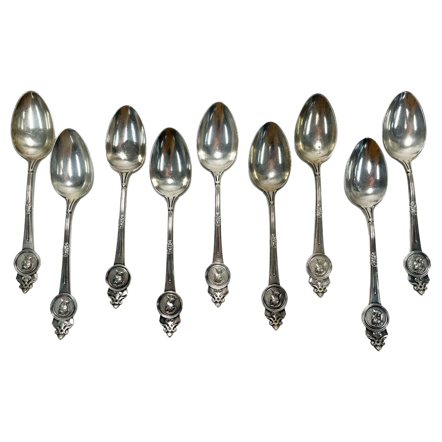 9 Gorham Sterling Silver Medallion Teaspoons, Late 19th Century  For Sale