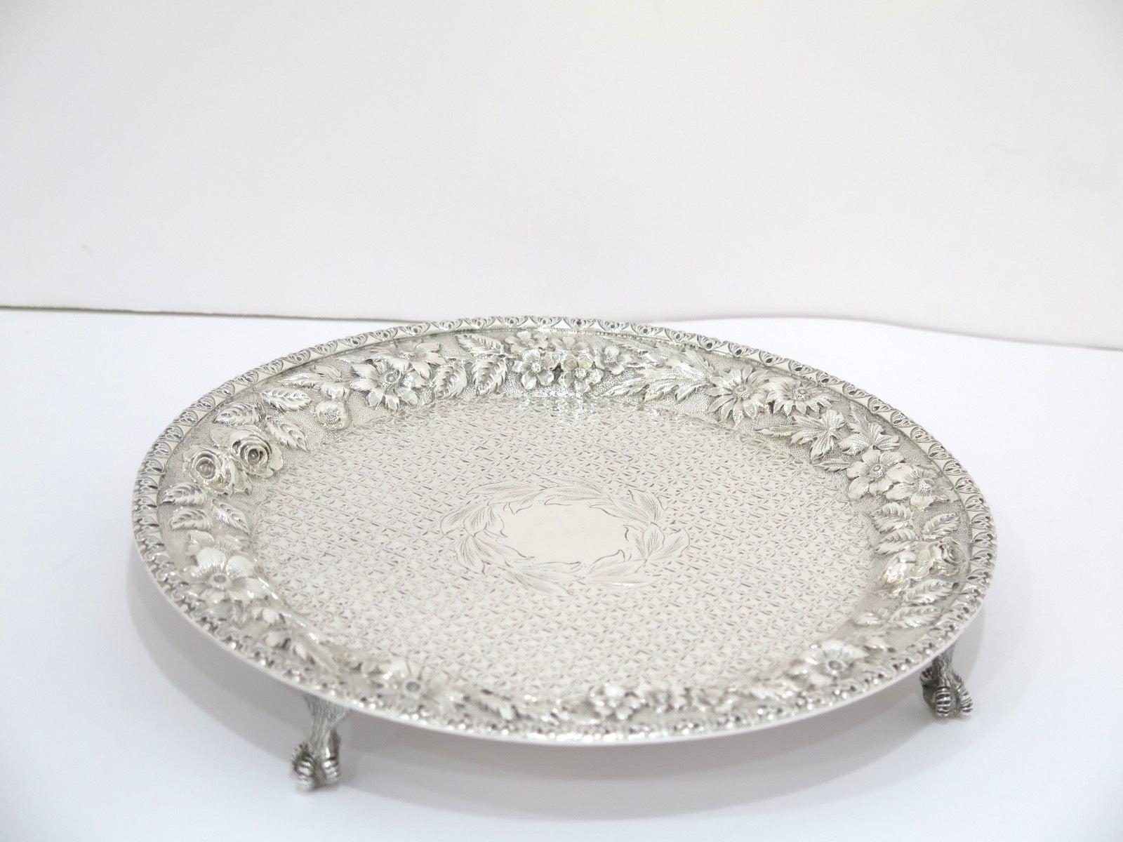 American Sterling Silver Jacobi & Jenkins Antique Floral Repousse Footed Round Tray