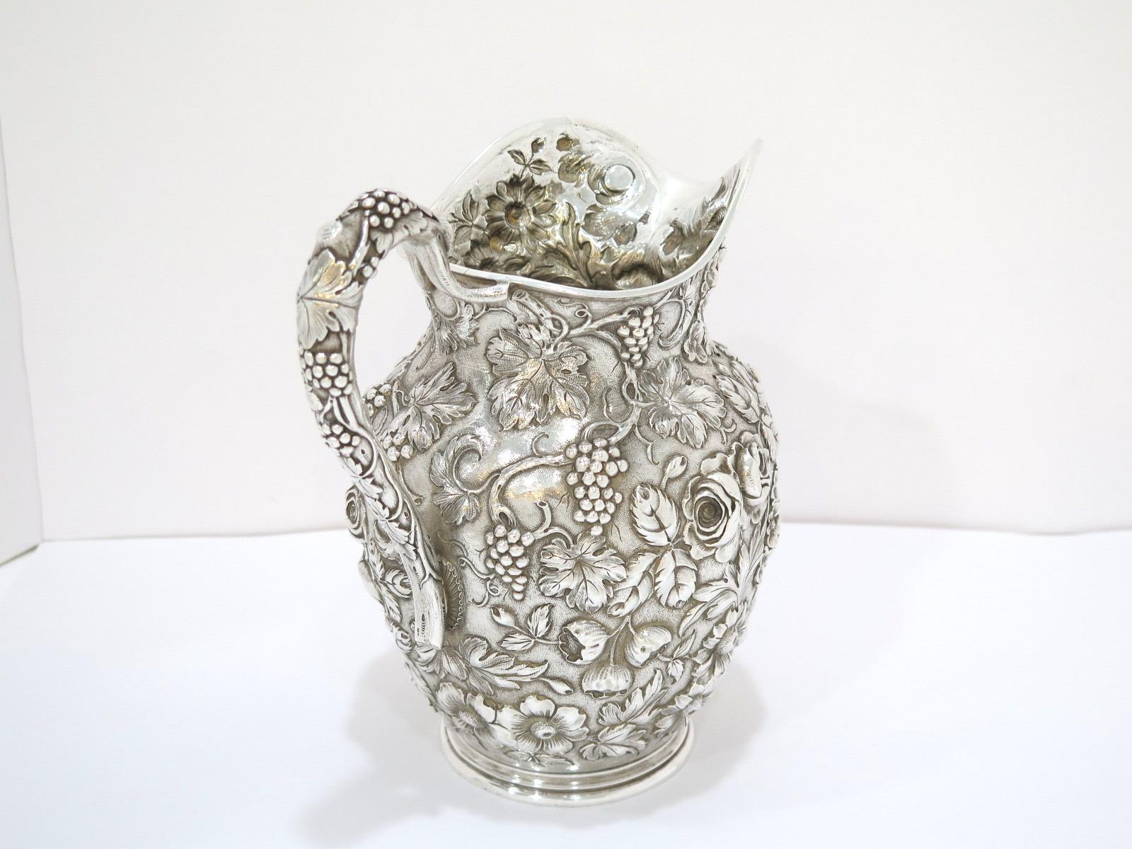20th Century 9 in - Sterling Silver Jenkins & Jenkins Antique Floral Repousse Pitcher For Sale