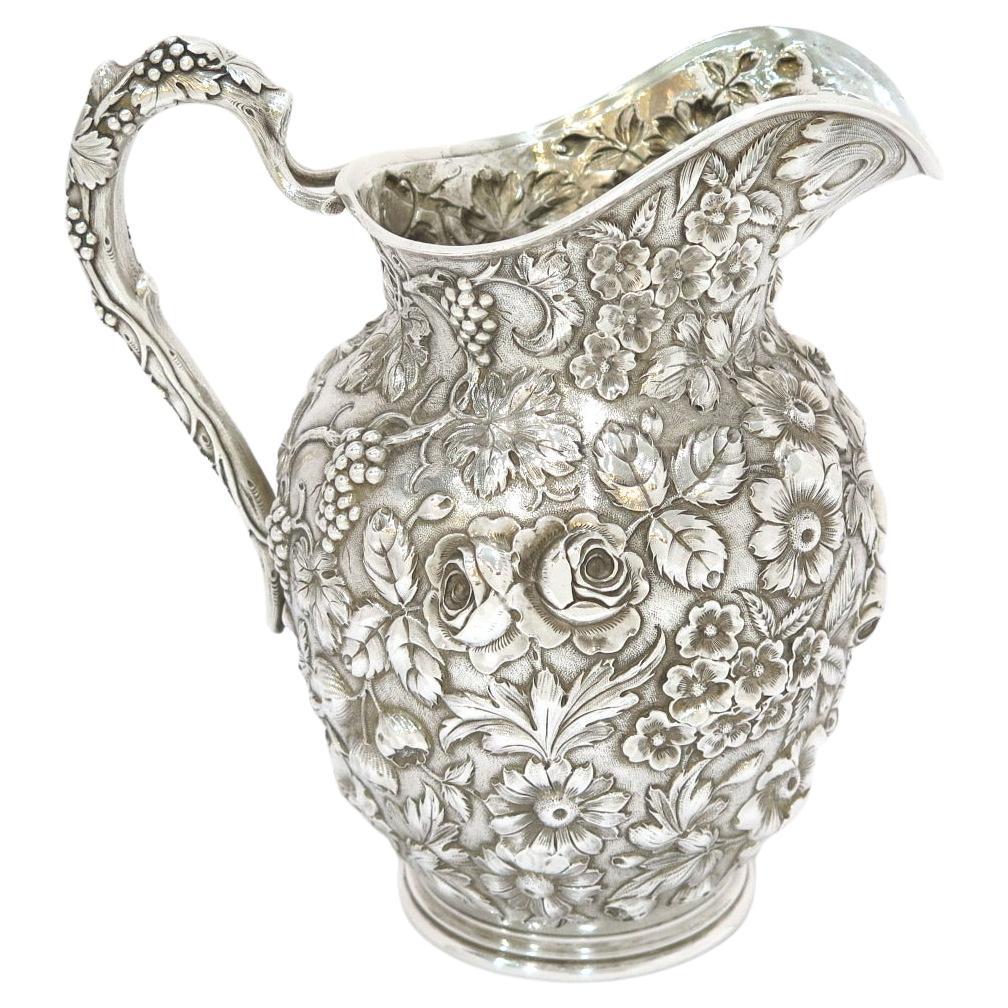 9 in - Sterling Silver Jenkins & Jenkins Antique Floral Repousse Pitcher