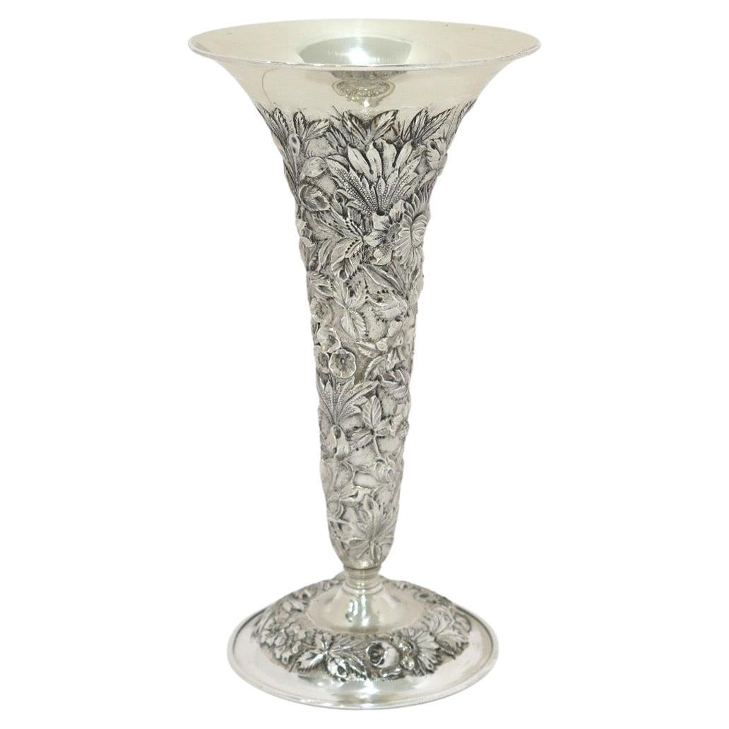 9 in - Sterling Silver S. Kirk & Son Antique 1896-1924 Floral Repousse Vase For Sale