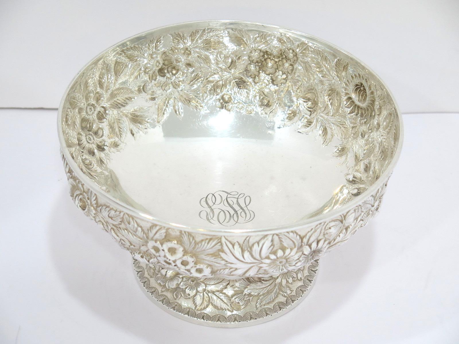 Repoussé 9 in - Sterling Silver S. Kirk & Son Antique Floral Repousse Footed Serving Bowl