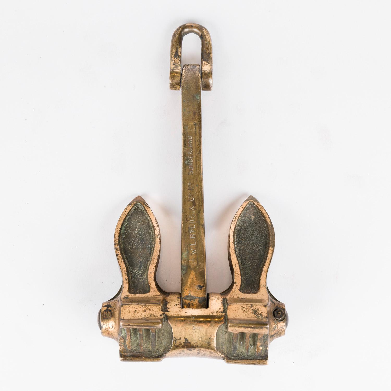 9 inch brass model of a Byers of Sunderland Admiralty pattern stockless anchor, circa 1920.

Made by W.L. Byers of Sunderland.

Shank marked: W. L. BYERS & Co Ltd. SUNDERLAND


Weight: 3.75 lbs (1.7 kilos.)
 

For similar miniature scale models
