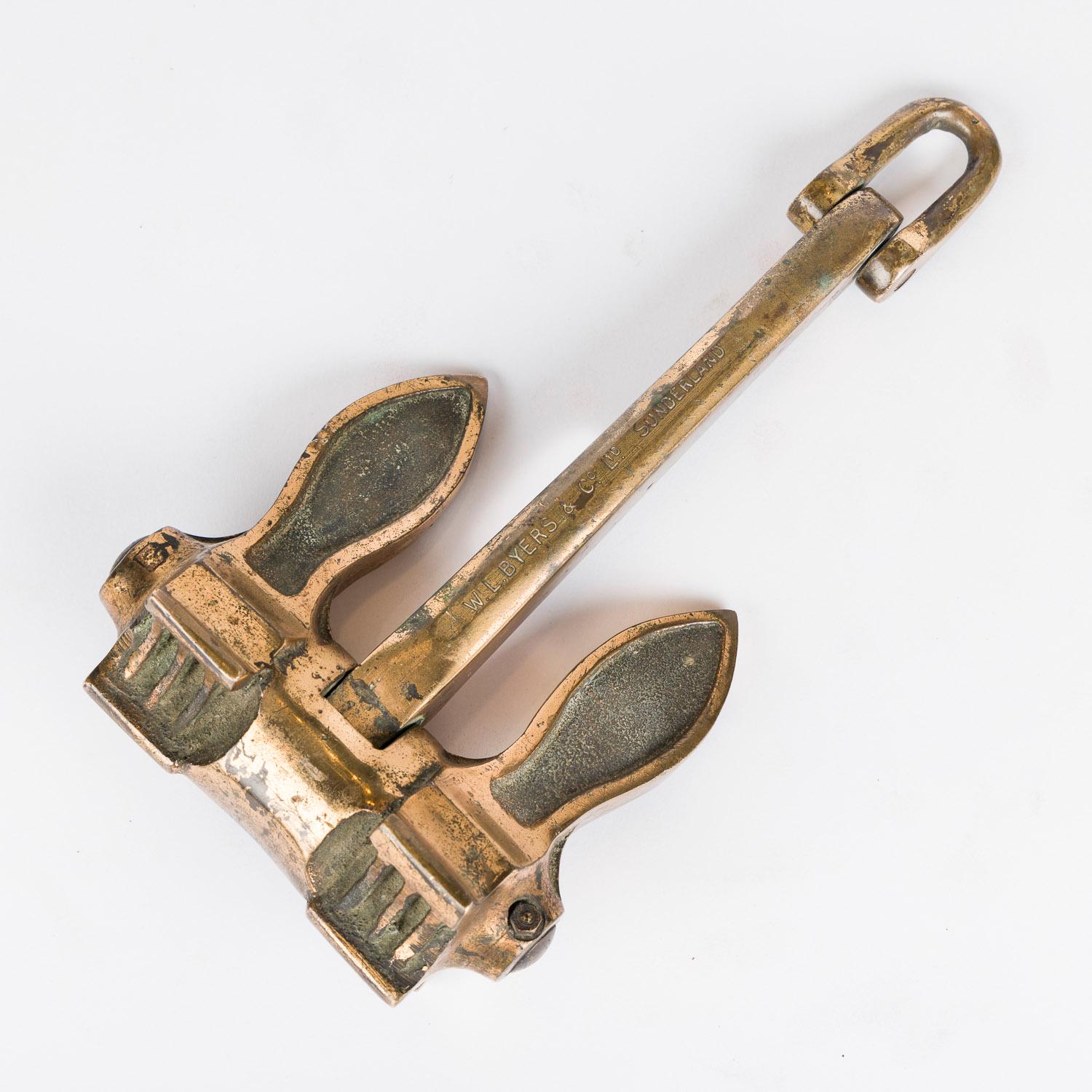 English 9 inch brass model of a Byers of Sunderland Admiralty pattern stockless anchor