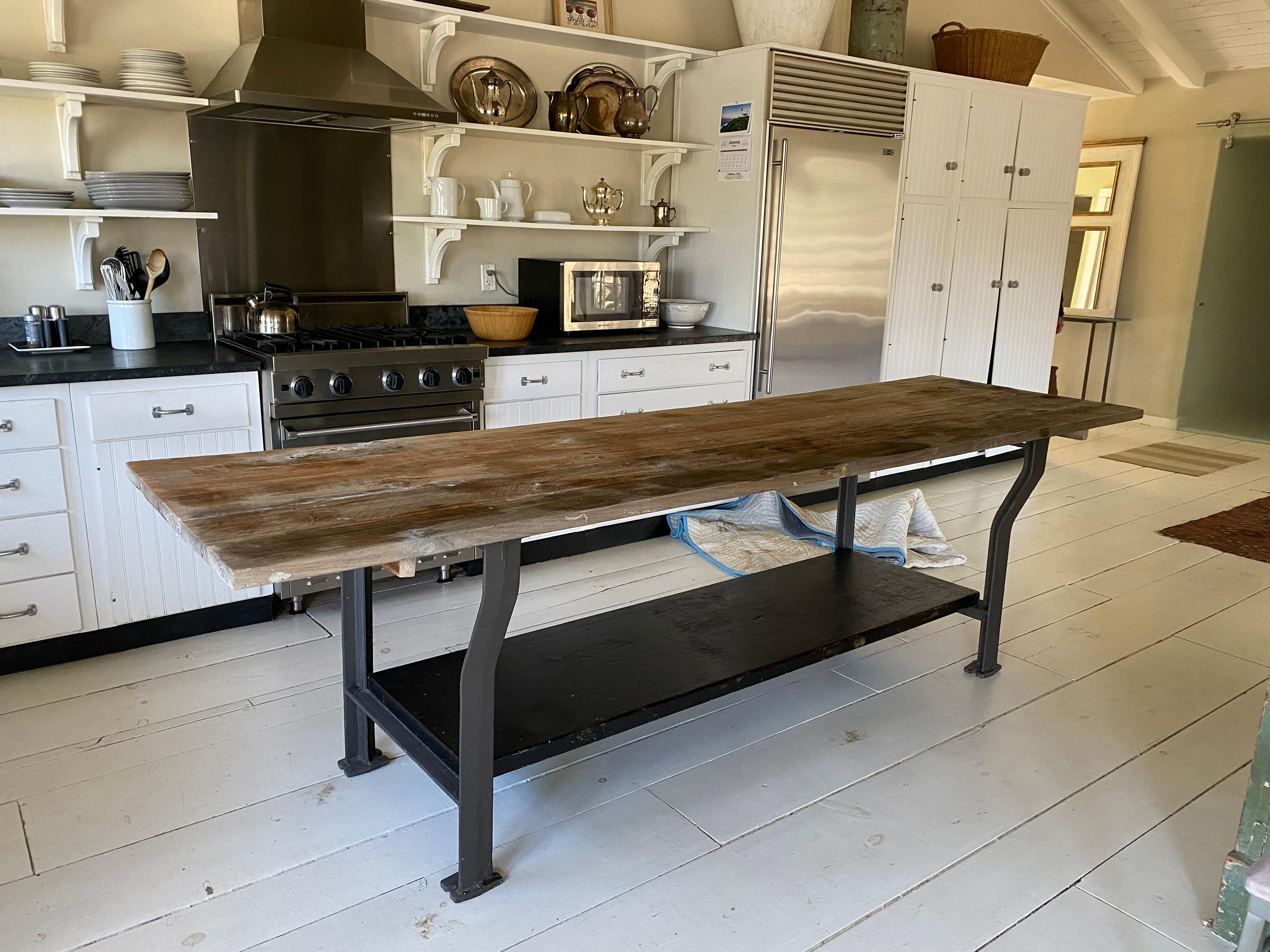 Reclaimed teak wood top industrial 9' harvest kitchen island great table. Its size and solidity is perfect to be used for kitchen work table, Kitchen Island, shop or workshop. Perfect also to be used for a store merchandise display table, restaurant