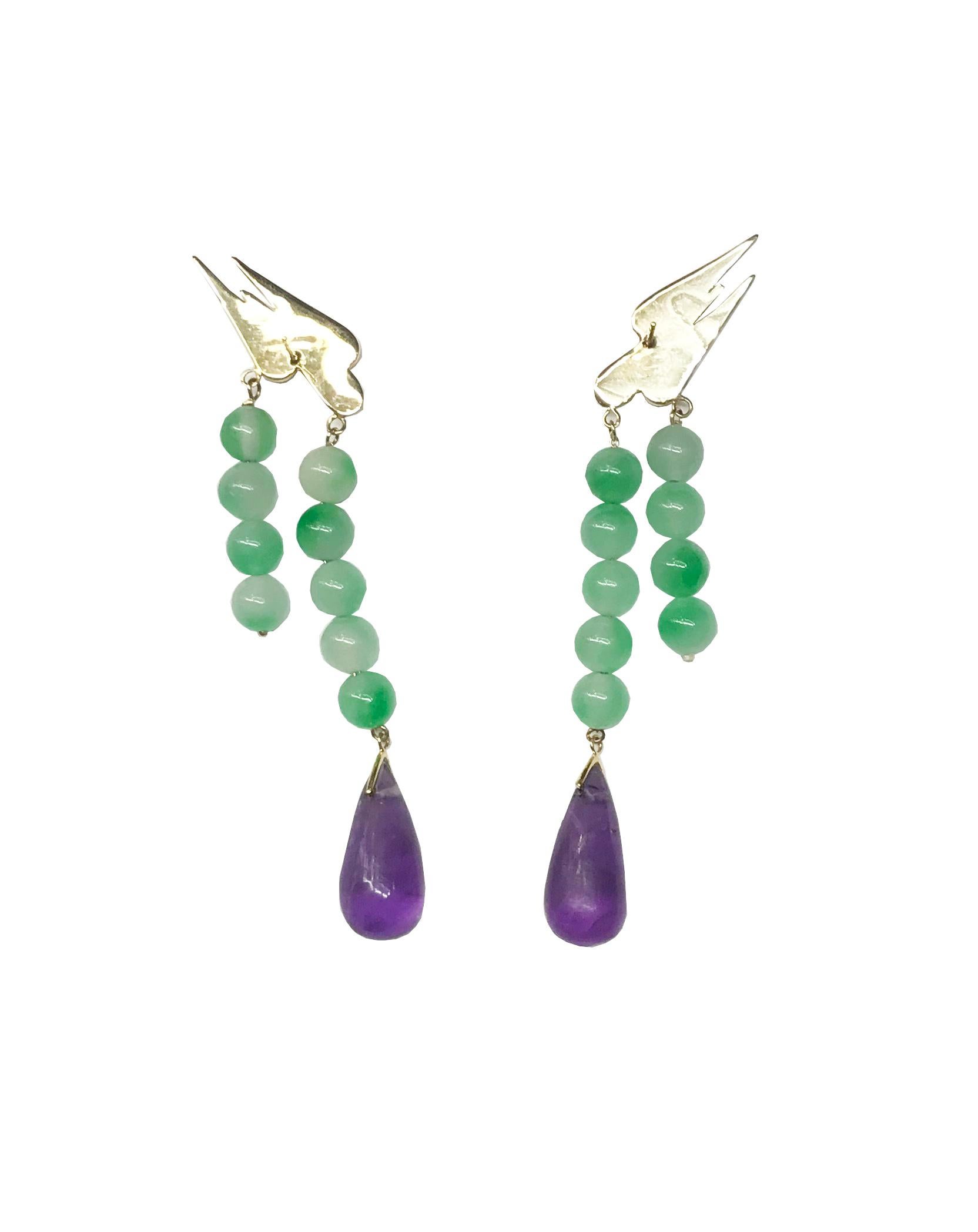 Contemporary Jade and Amethyst 9K British Yellow Gold Earrings For Sale