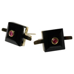 9 Karat British Yellow Gold Set with Black Onyx and Ruby Cocktail Earring Studs