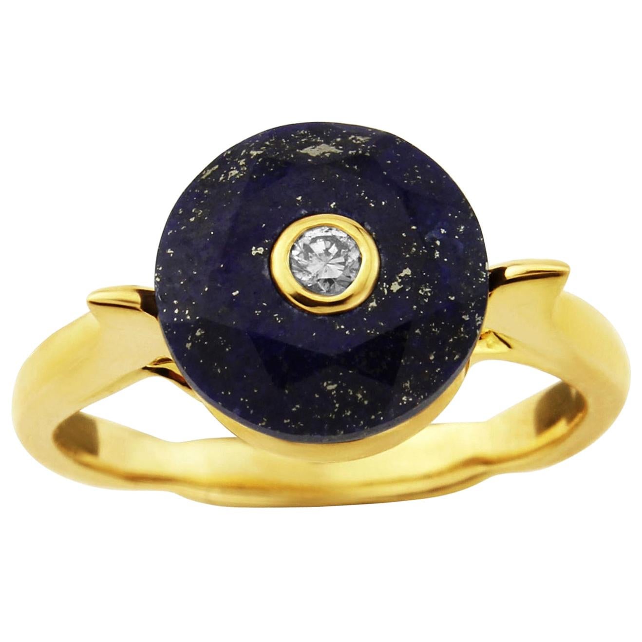 MAIKO NAGAYAMA Lapis Lazuli and Diamond 9K British Yellow Gold Cocktail Ring For Sale