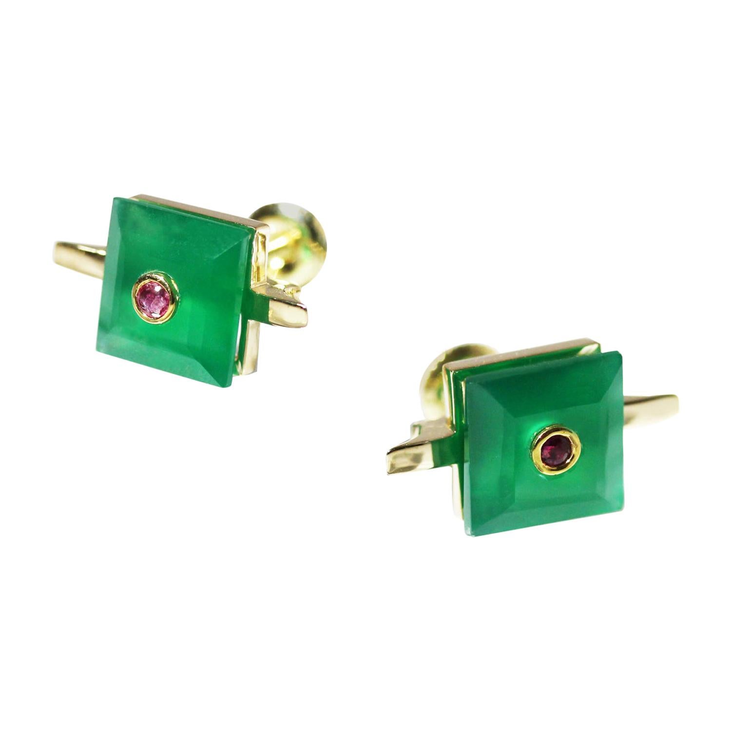 MAIKO NAGAYAMA Ruby and Square Green Chalcedony 9K British Yellow Gold Studs For Sale