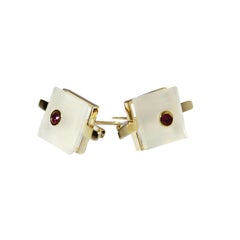 MAIKO NAGAYAMA Ruby and Square White Chalcedony 9K British Yellow Gold Studs