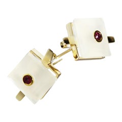 MAIKO NAGAYAMA Ruby and Square White Chalcedony 9K British Yellow Gold Studs