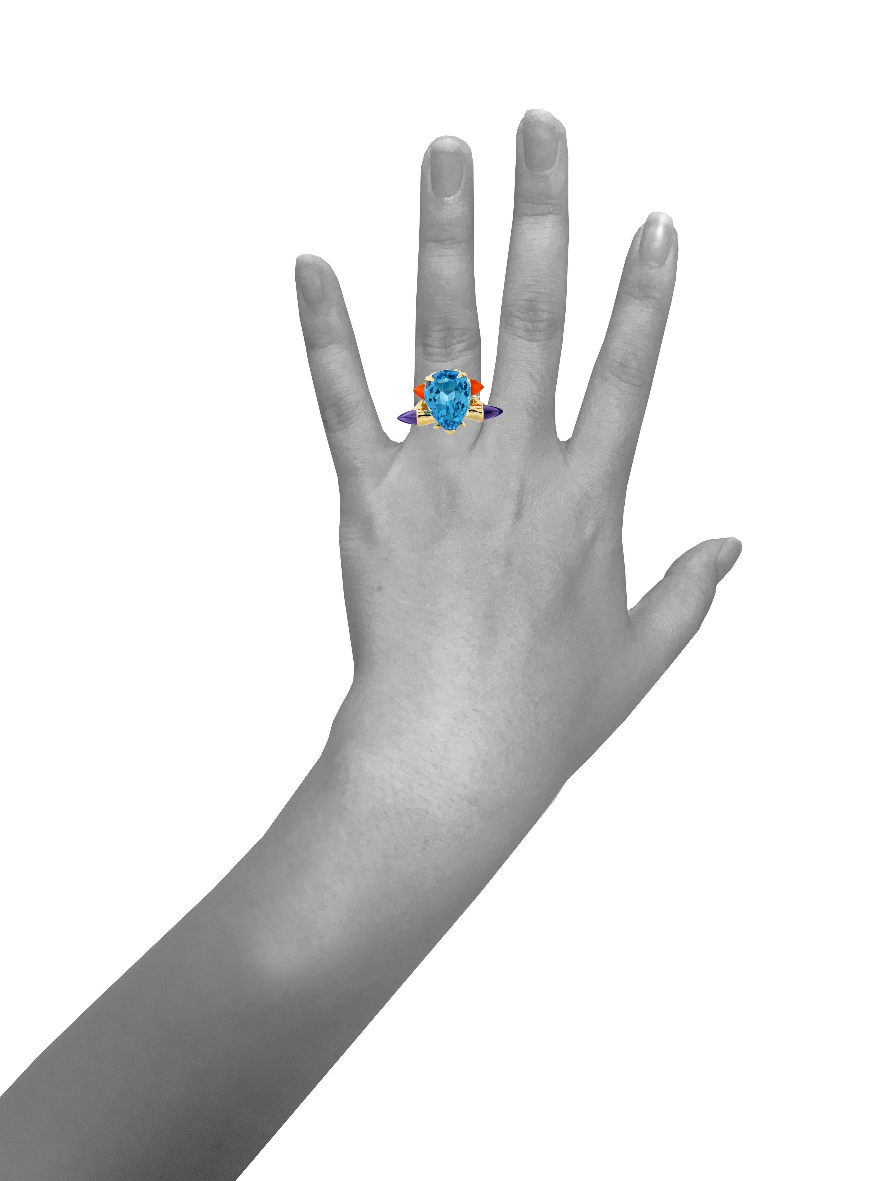 Pear Cut MAIKO NAGAYAMA Swiss Blue Topaz 9K British Yellow Gold Cocktail Ring For Sale