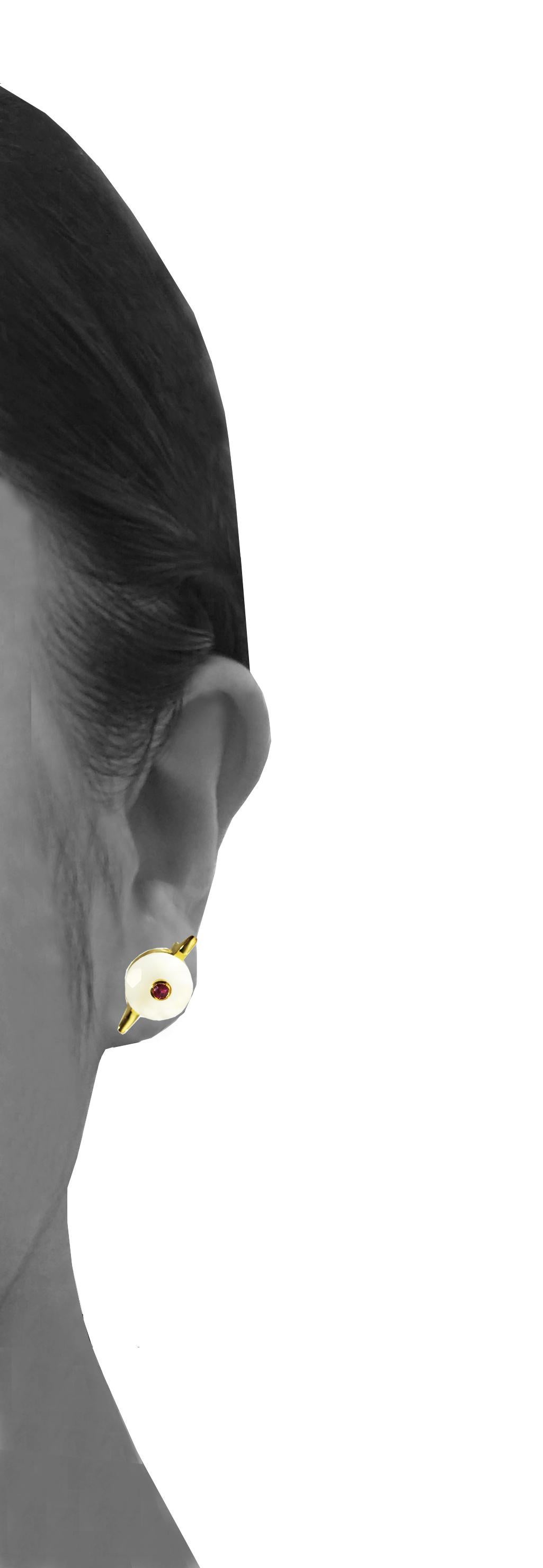 Contemporary MAIKO NAGAYAMA Ruby and White Chalcedony 9K British Yellow Gold Earring Studs For Sale