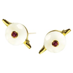 MAIKO NAGAYAMA Ruby and White Chalcedony 9K British Yellow Gold Earring Studs