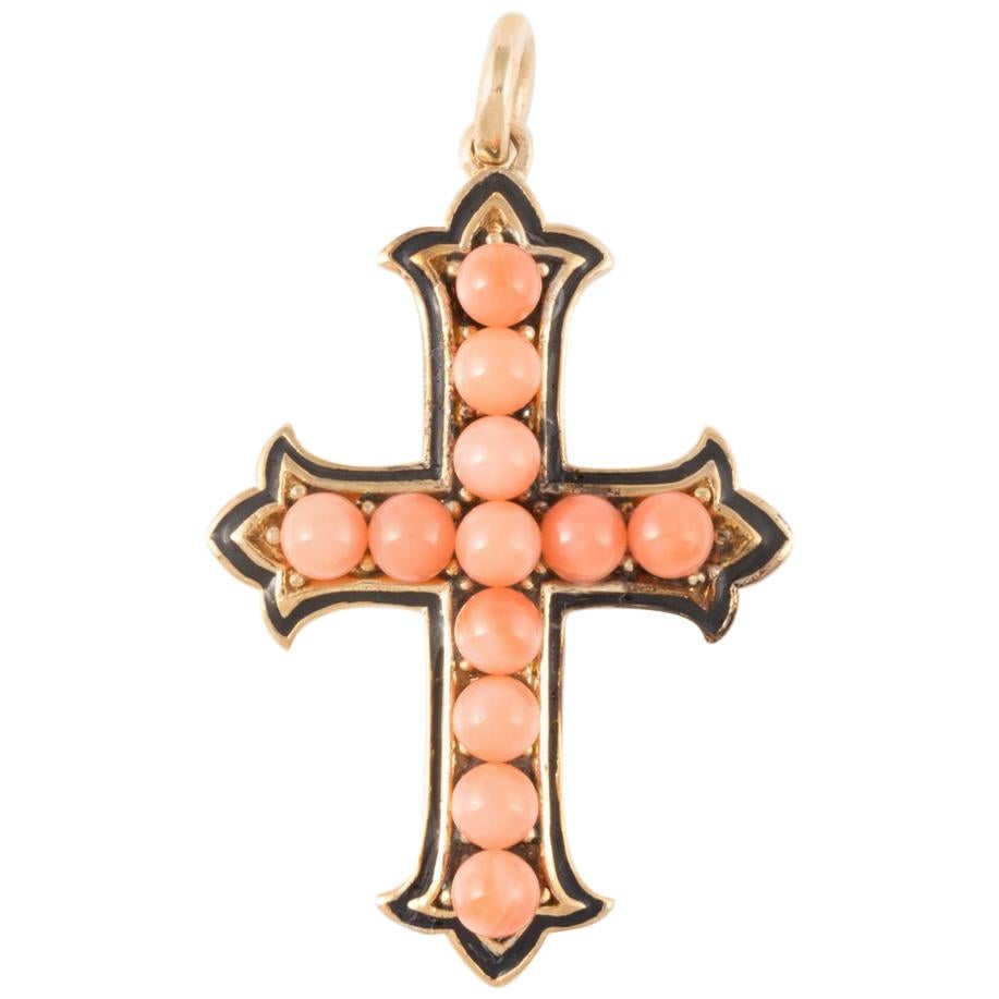 Victorian Cross with Coral Beads and Enamel in 9K Gold