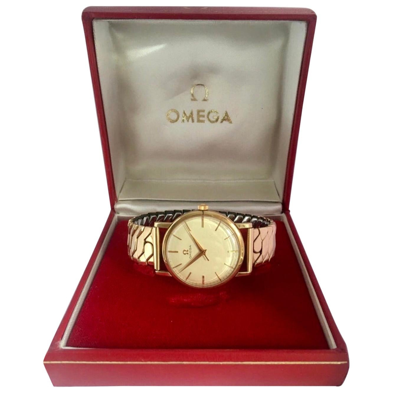 9 Karat Gold and Rolled Gold Bracelet 1960s Omega Mechanical Watch For Sale