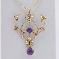 Art Nouveau Amethyst Heart and Flowers Pendant Necklace circa 1900