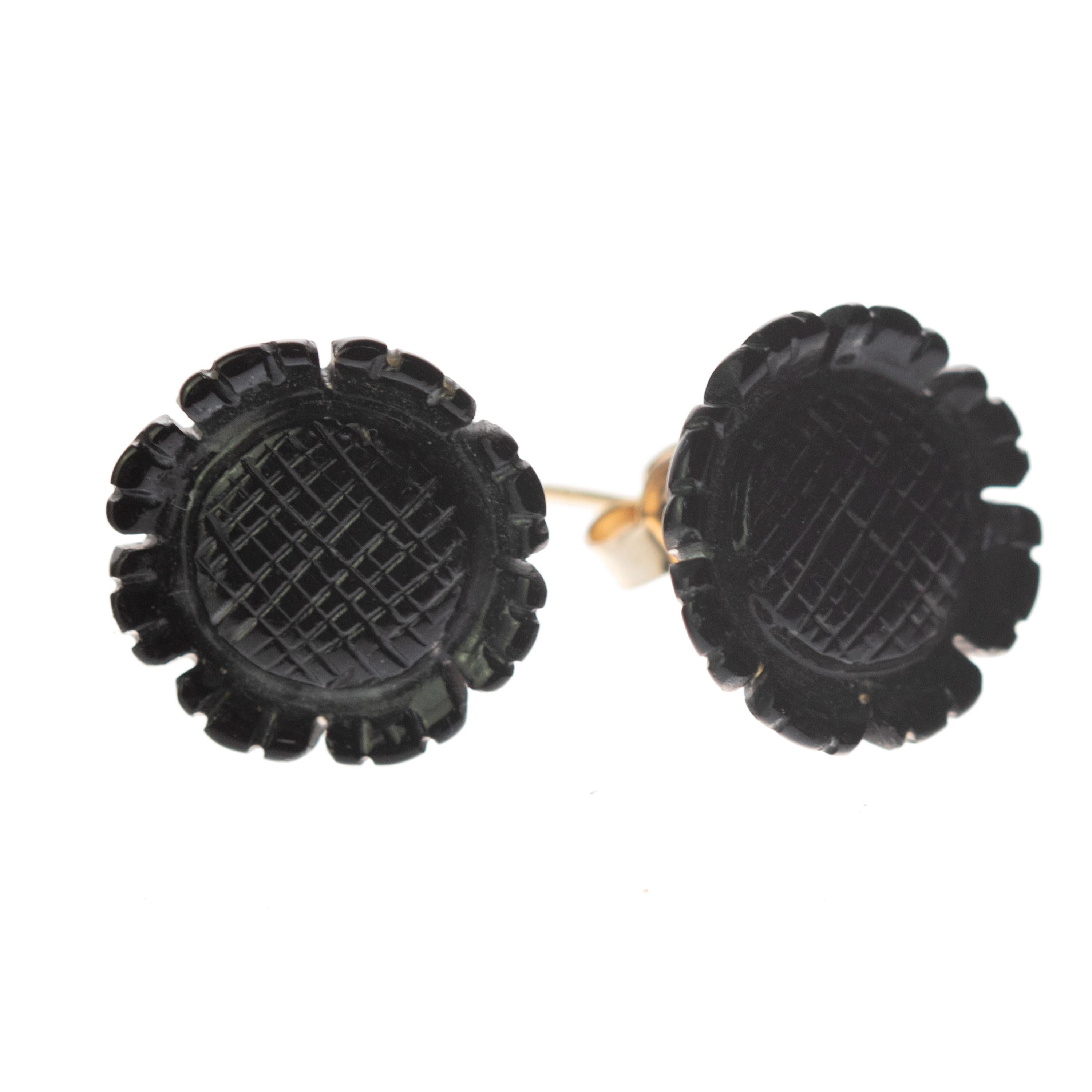 Clous d'oreilles en or 9 carats avec fleur en agate noire sculptée, fabrication artisanale d'une fille italienne Neuf - En vente à Milano, IT