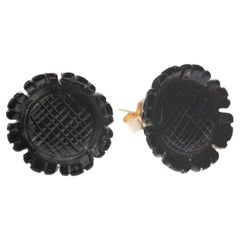 9 Karat Gold Black Agate Flower Handmade Italian Girl Carved Stud Earrings