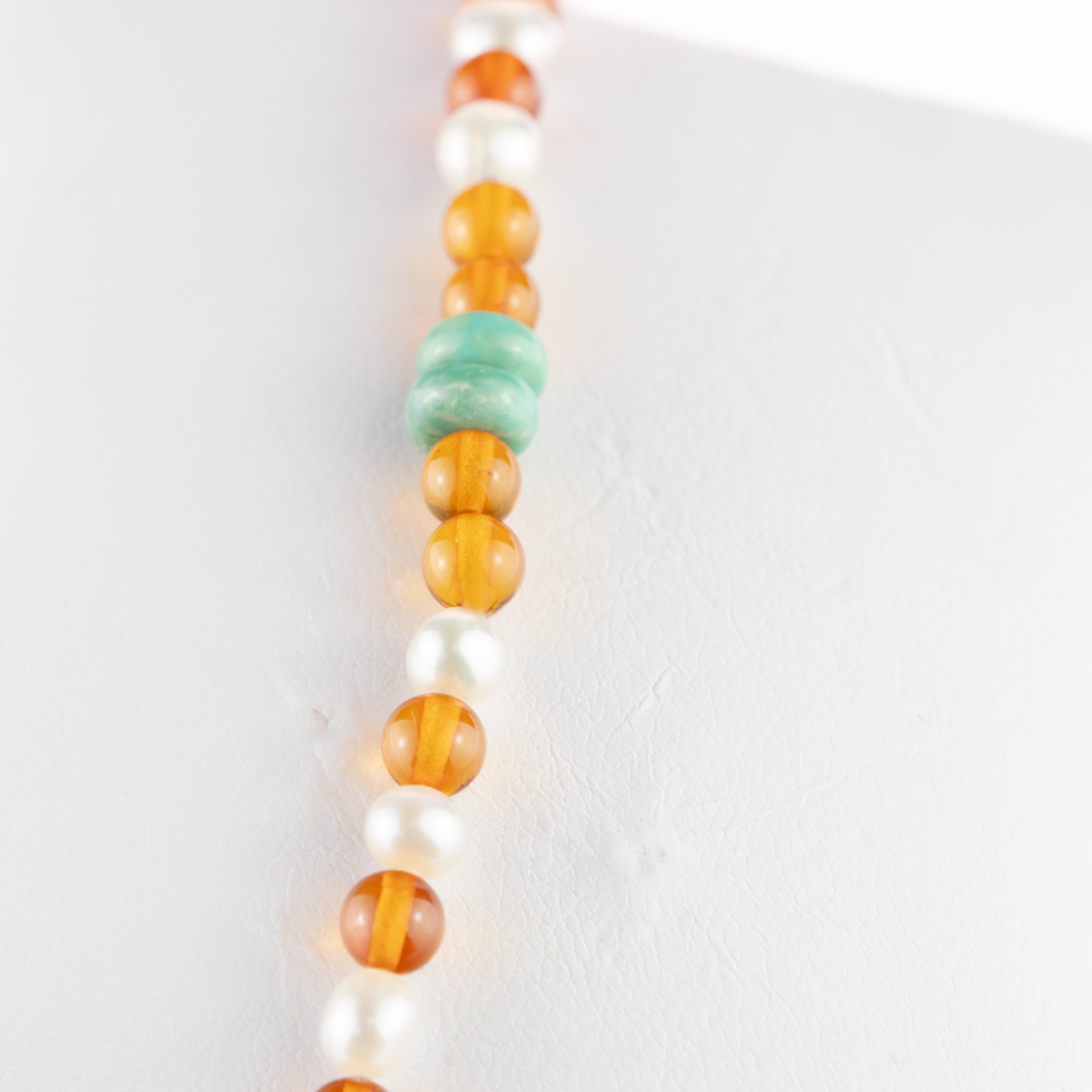 Artisan 9 Karat Gold Freshwater Pearls Baltic Amber Rondelle Turquoise Beaded Bracelet For Sale