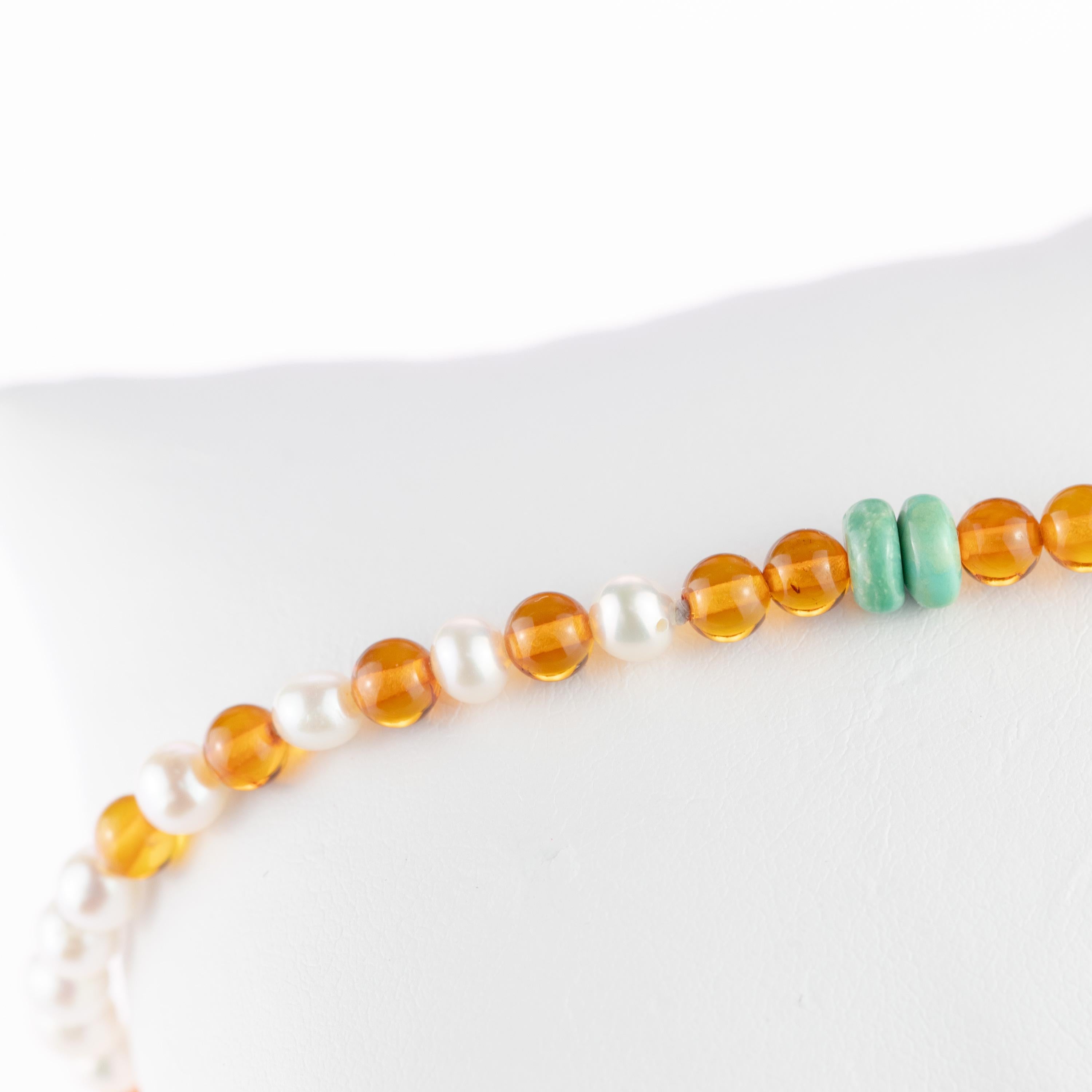 9 Karat Gold Freshwater Pearls Baltic Amber Rondelle Turquoise Beaded Bracelet In New Condition For Sale In Milano, IT
