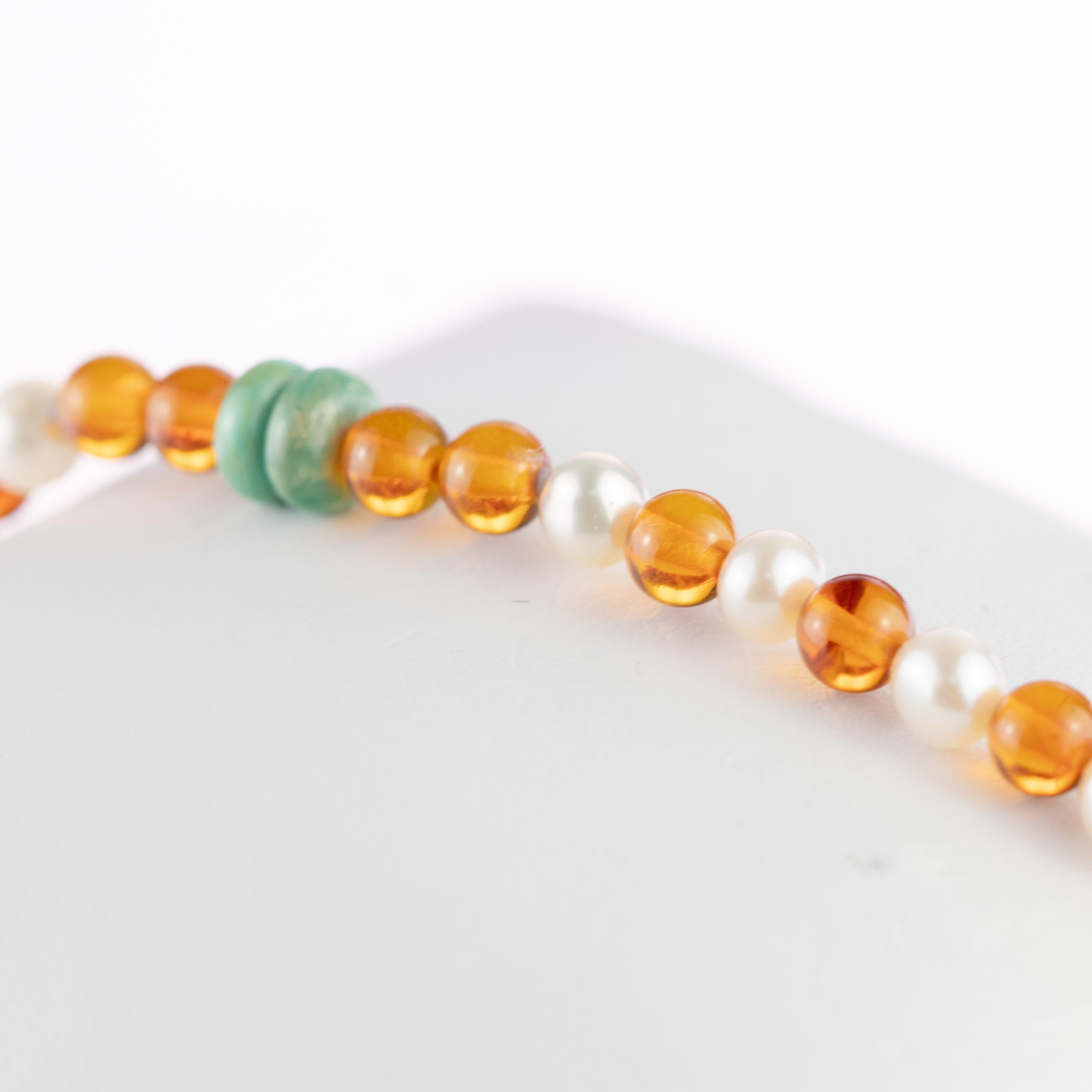 9 Karat Gold Freshwater Pearls Baltic Amber Rondelle Turquoise Beaded Bracelet For Sale 1