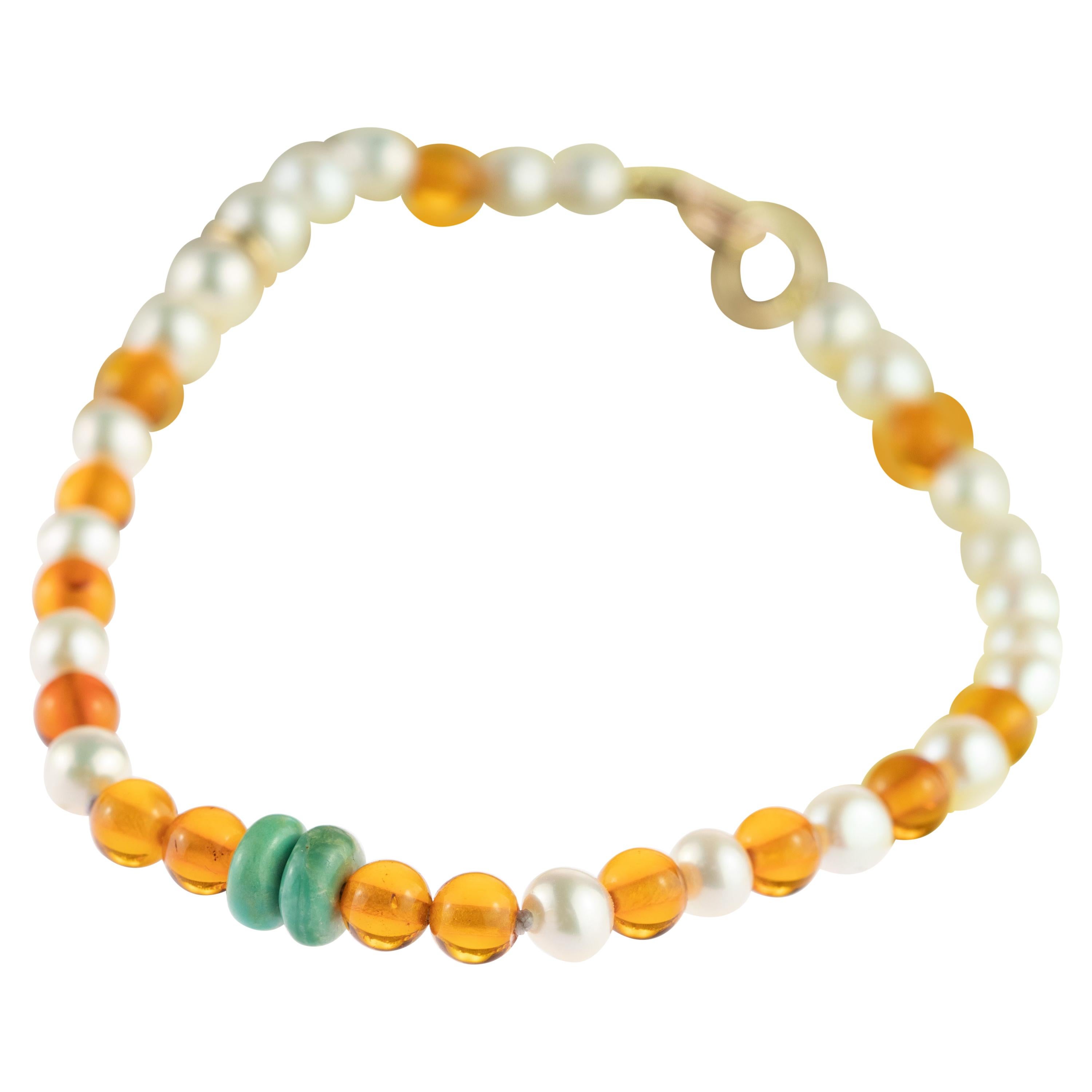 9 Karat Gold Freshwater Pearls Baltic Amber Rondelle Turquoise Beaded Bracelet For Sale