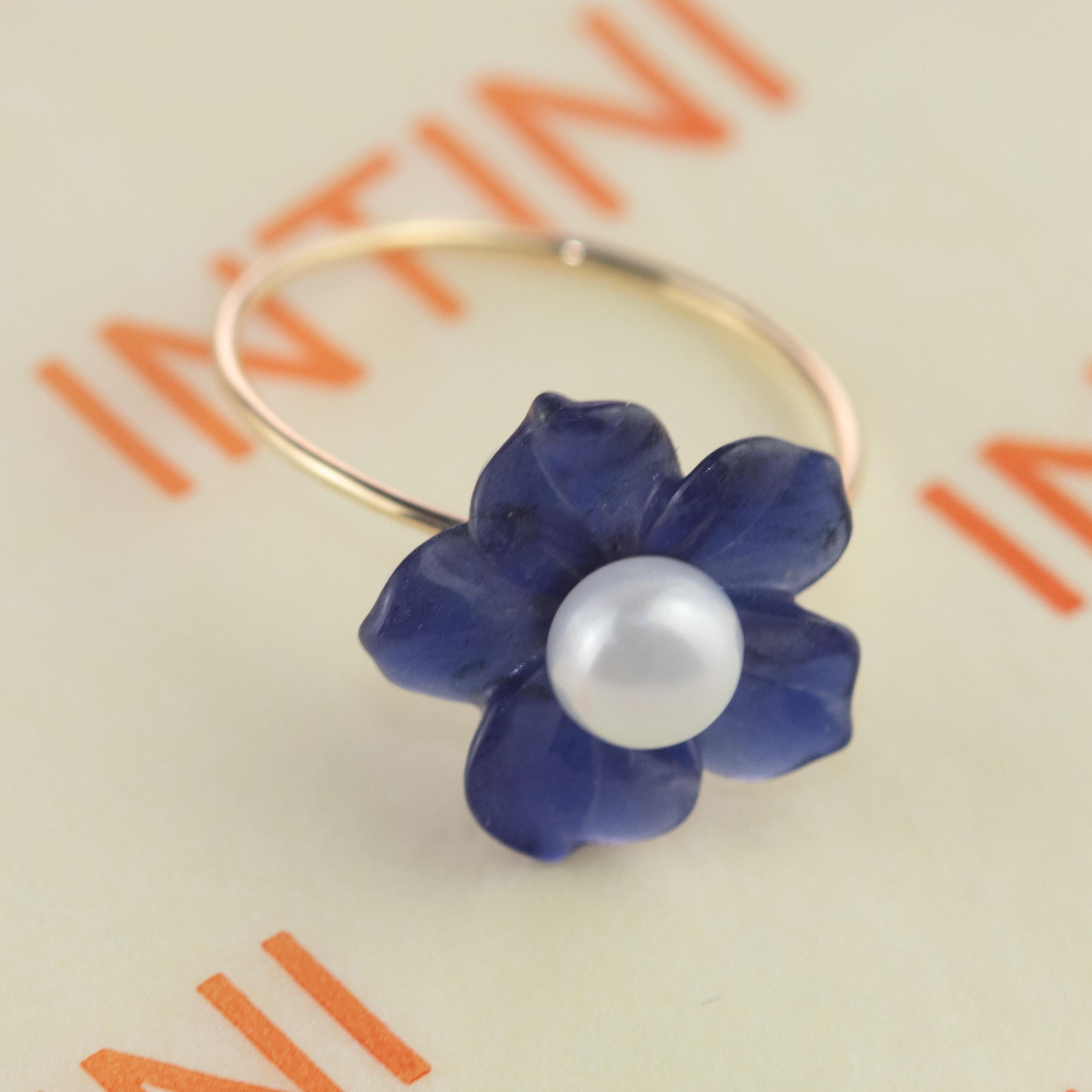 Artisan 9 Karat Gold Lapis Lazuli Flower Freshwater Pearl Spring Italian Handmade Ring For Sale