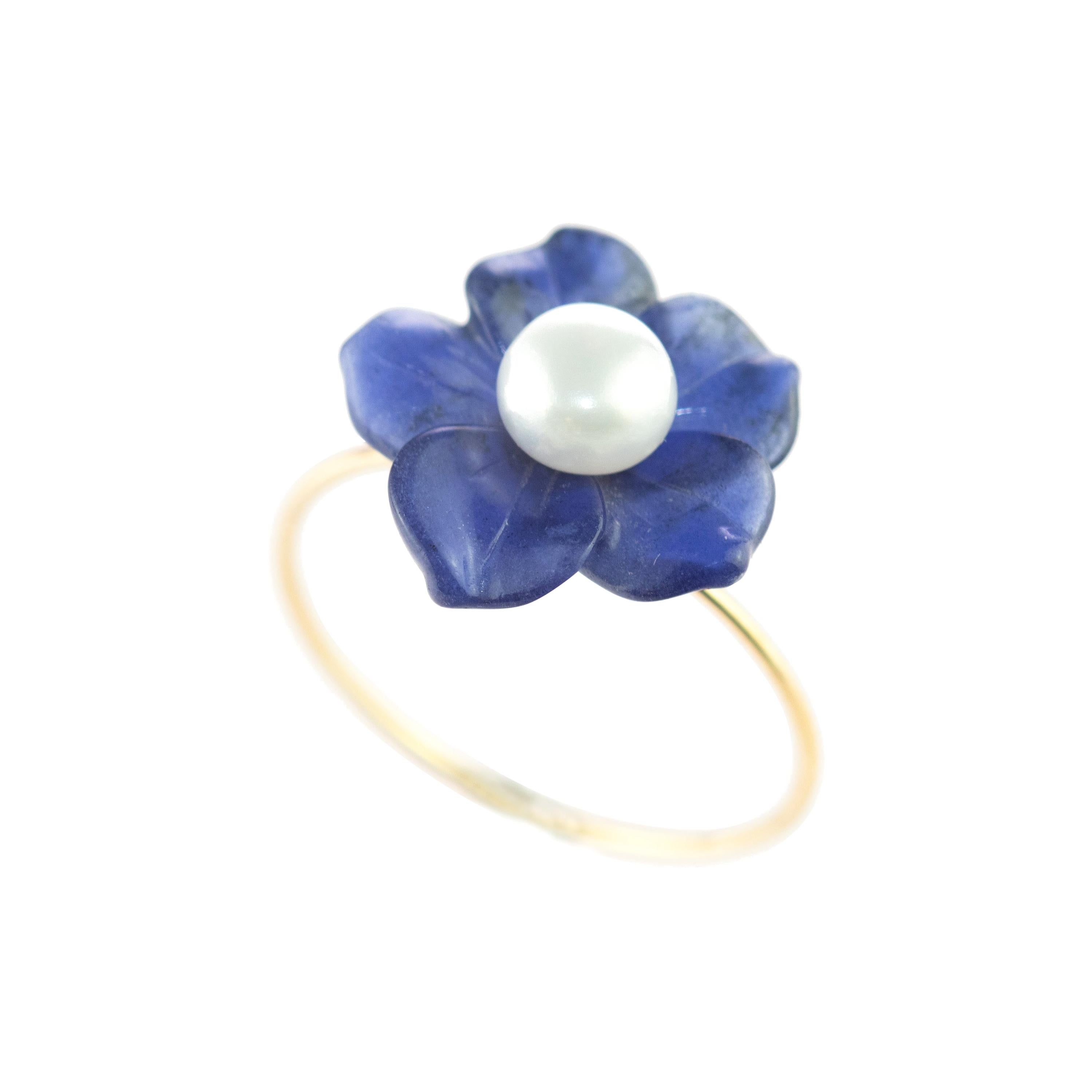 9 Karat Gold Lapis Lazuli Flower Freshwater Pearl Spring Italian Handmade Ring For Sale