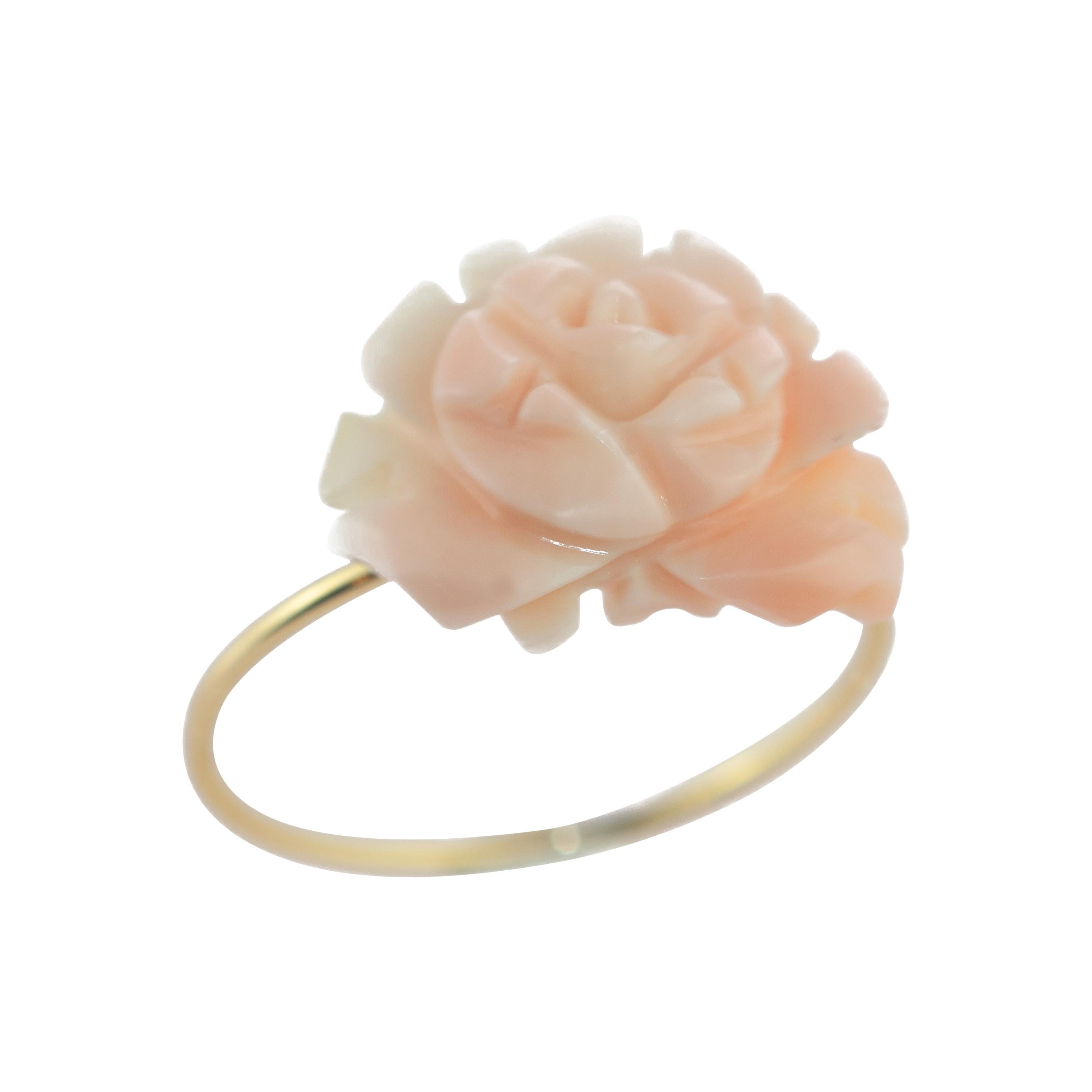 9 Karat Gold Natural Pink Coral Carved Rose Flower Handmade Chic Cocktail Ring For Sale