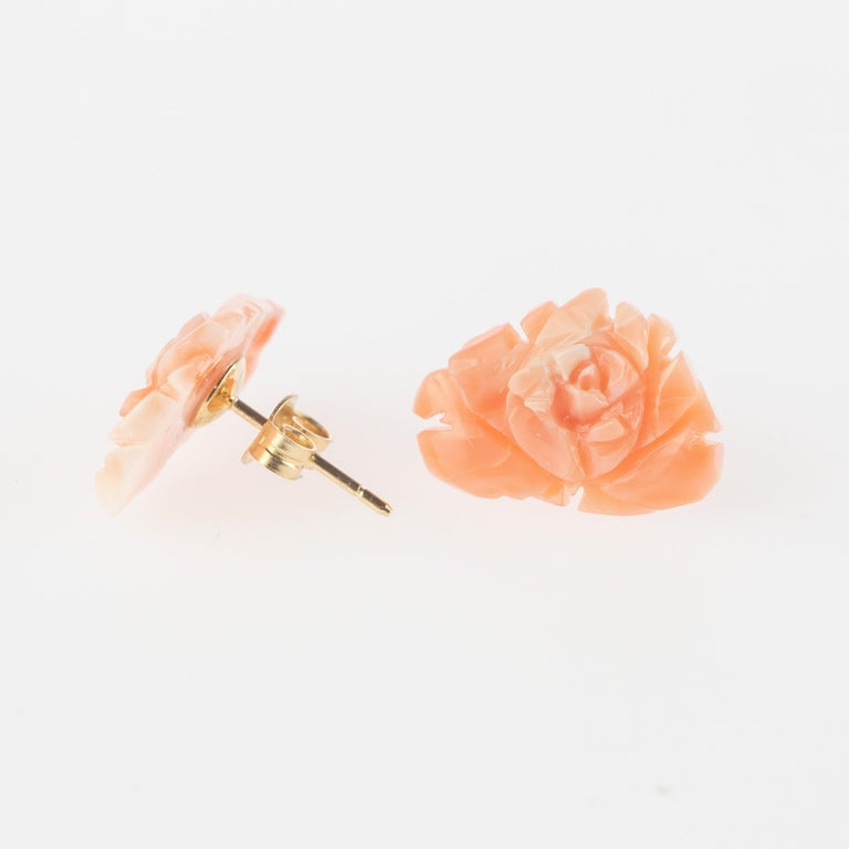 Artisan 9 Karat Gold Natural Pink Coral Carved Rose Flower Stud Crafted Girl Earrings For Sale