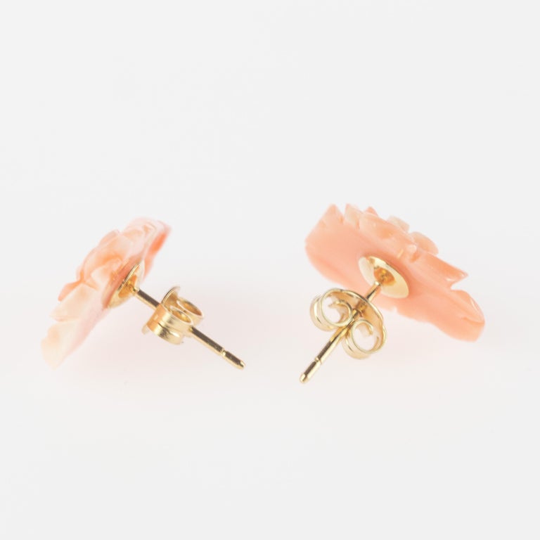 Women's 9 Karat Gold Natural Pink Coral Carved Rose Flower Stud Crafted Girl Earrings For Sale