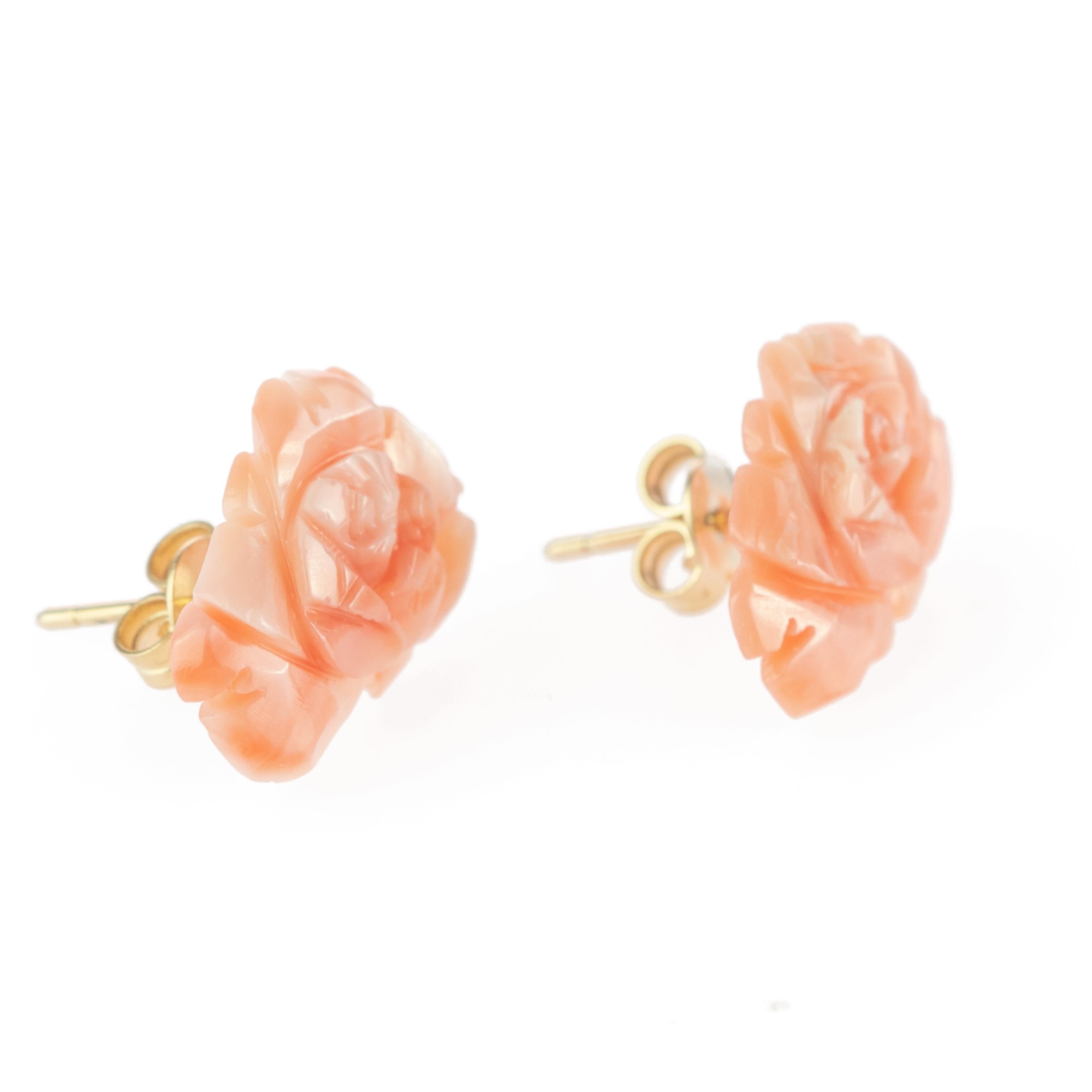 Artisan 9 Karat Gold Natural Pink Coral Carved Rose Flower Stud Crafted Girl Earrings For Sale