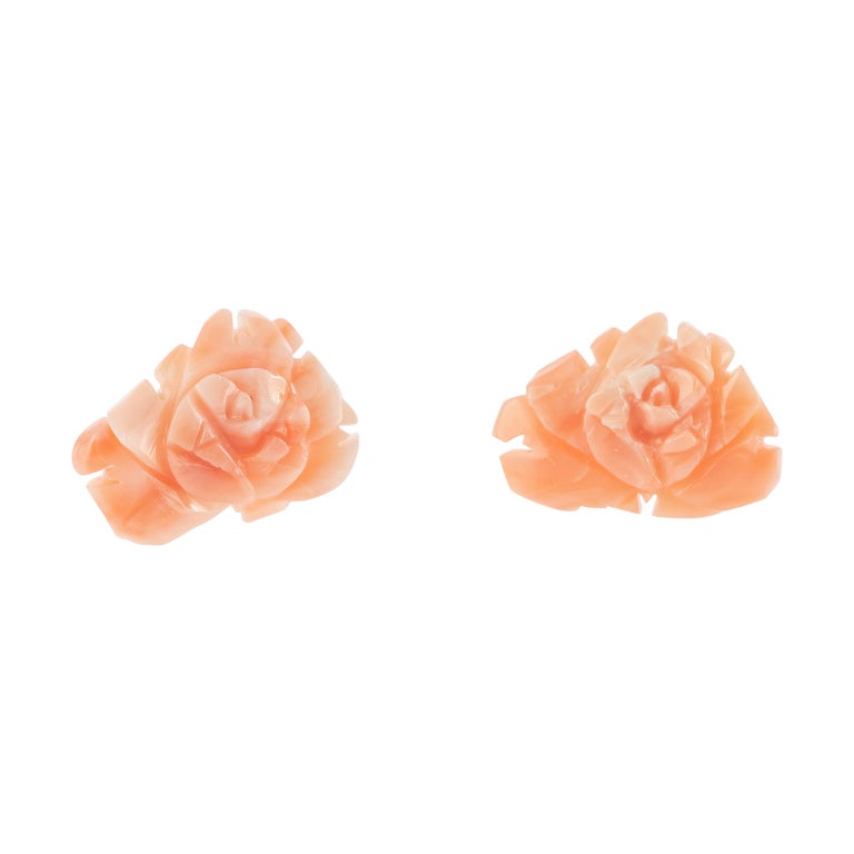 9 Karat Gold Natural Pink Coral Carved Rose Flower Stud Crafted Girl Earrings For Sale