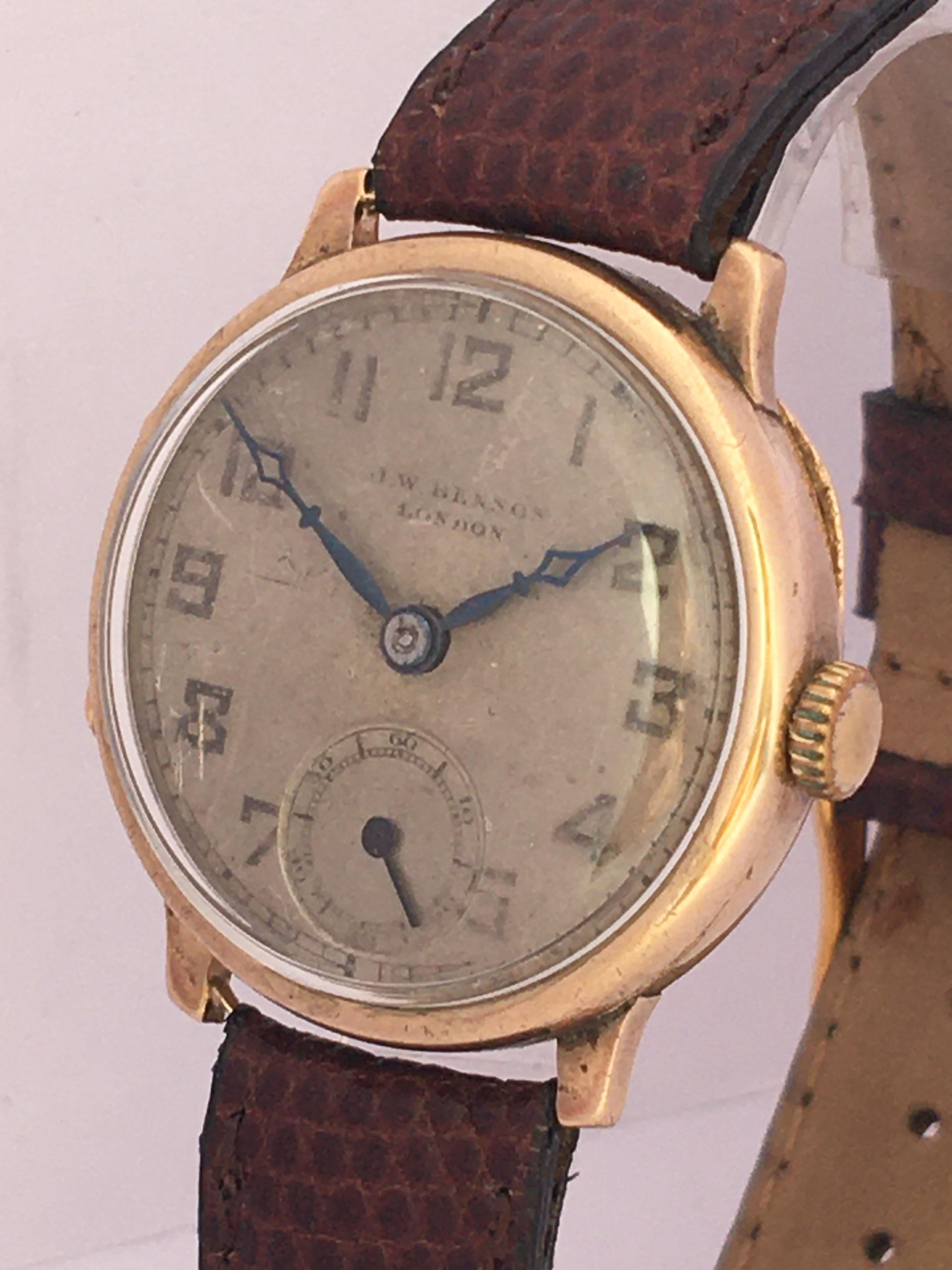 9 Karat Gold Vintage 1930s J. W. Benson London Mechanical Watch For Sale 7