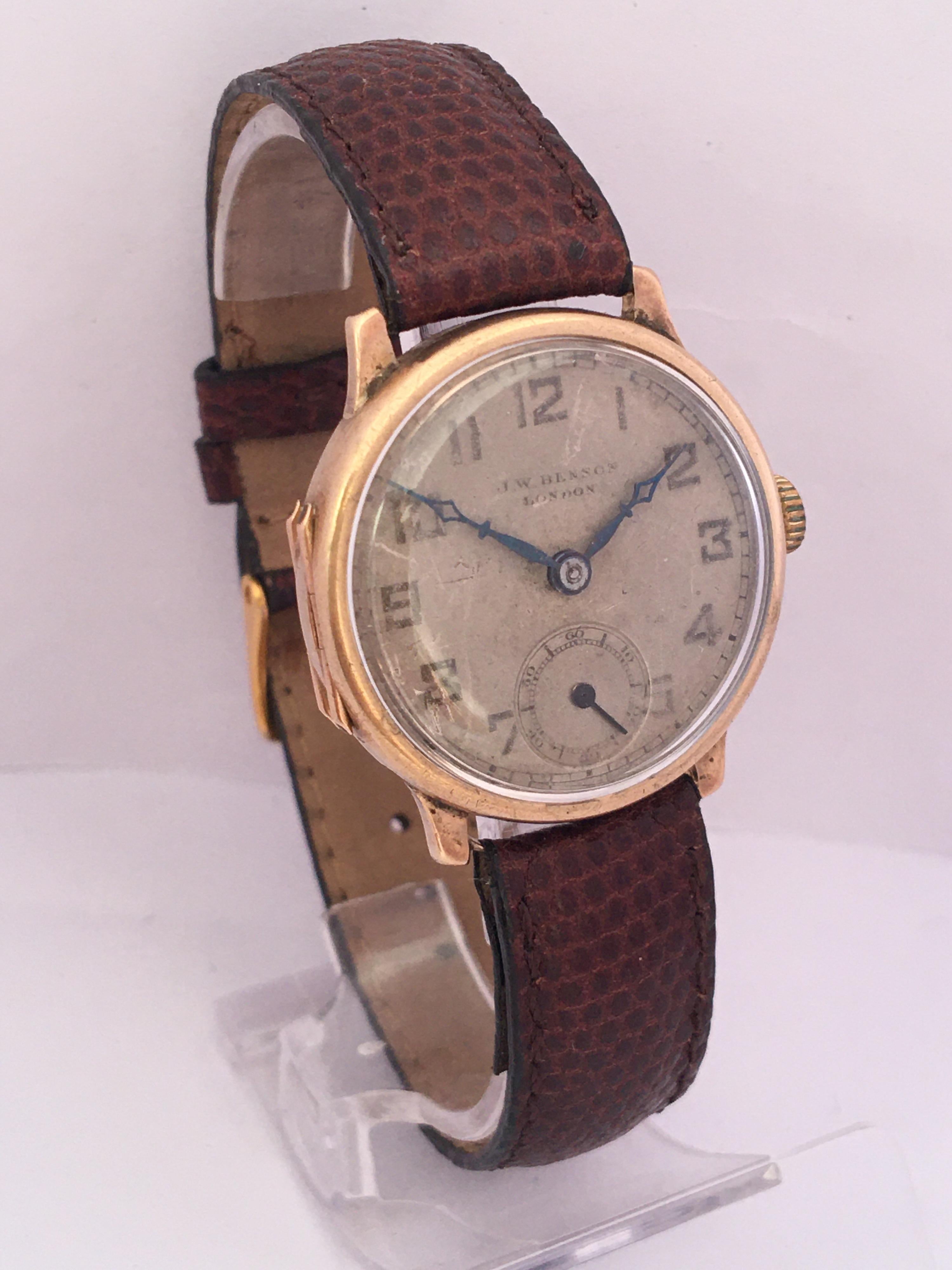 This beautiful pre-owned 30mm diameter hand winding watch is in good condition and it is recently been serviced and runs well. Visible signs of ageing and wear with light scratches on the gold watch case. The silvered dial is a bit worn and dated as