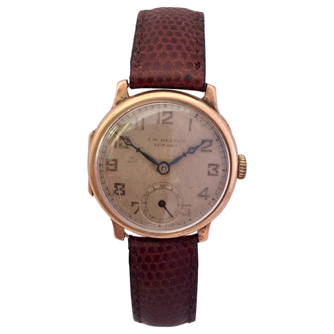 9 Karat Gold Vintage 1930s J. W. Benson London Mechanical Watch For Sale