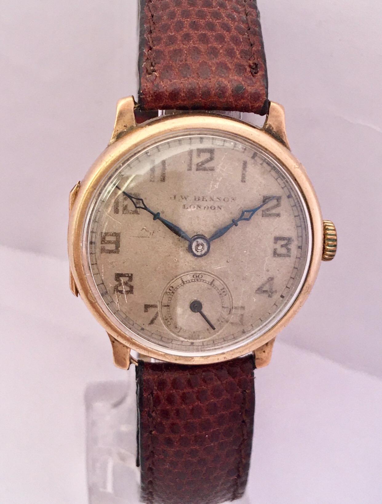 9 Karat Gold Vintage 1930s J. W. Benson London Mechanical Watch For Sale 11