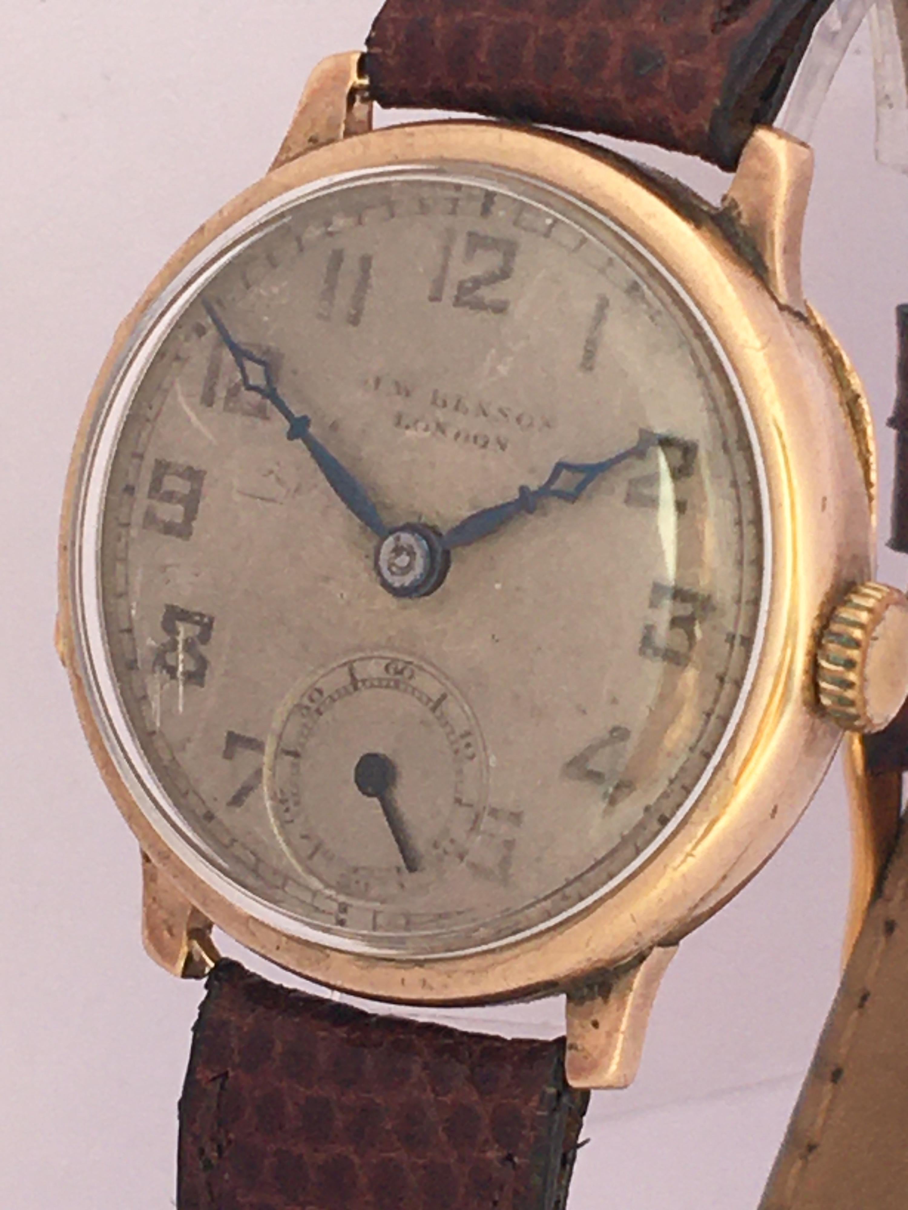 Women's or Men's 9 Karat Gold Vintage 1930s J. W. Benson London Mechanical Watch For Sale