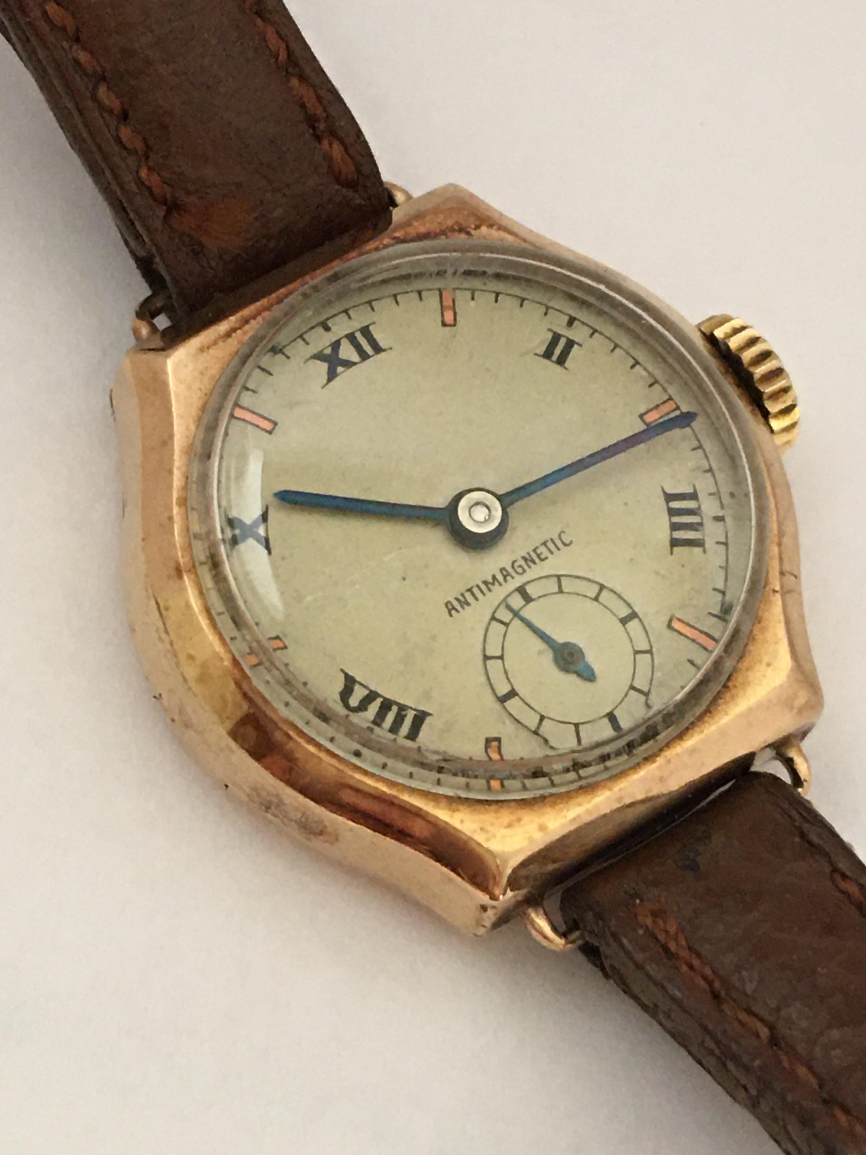 This beautiful pre-owned excellent quality vintage Gold Ladies Watch is in Good working condition and it runs well. Good time keeping. Visible signs of gentle wear and ageing. The brown leather strap is a bit worn but wearable and has a silver