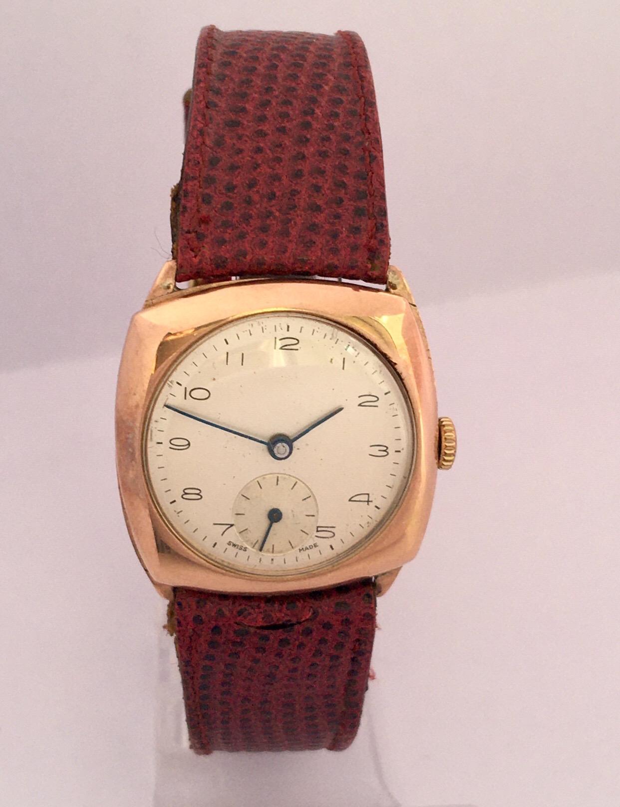 9 Karat Gold Vintage 1950s Cushion Shape Mechanical Watch For Sale 6