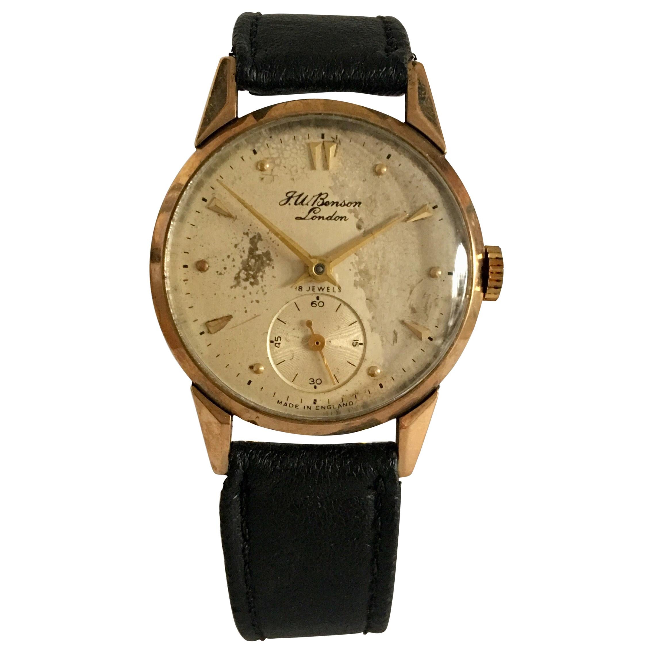 9 Karat Gold Vintage J. W. Benson London 1950s Manual Wristwatch For Sale