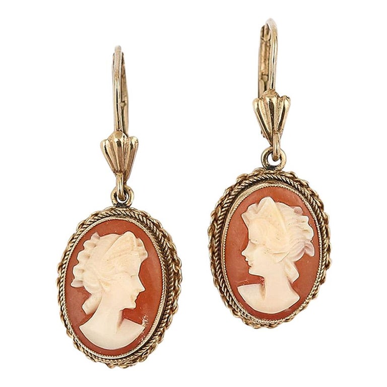 9 Karat Gold Vintage Cameo Drop Earrings at 1stDibs