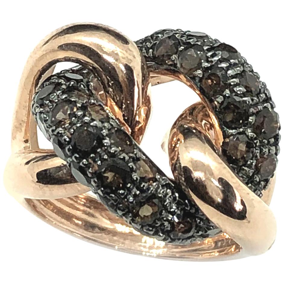 9 Karat Pink Gold Groumette Ring with Smoky Quartz Brilliant Cut Pavé 2.50 Carat For Sale